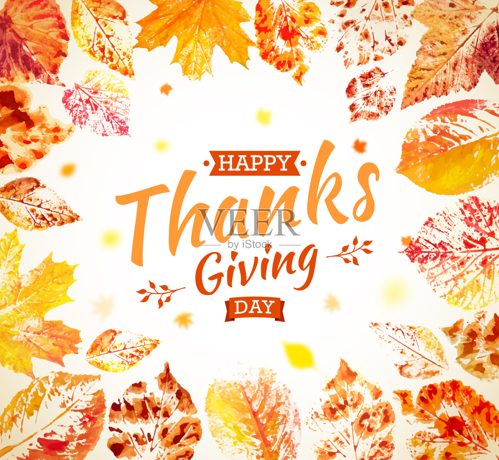 感恩节海报设计。秋天的贺卡。秋天彩色的树叶画在水彩与字母感恩节快乐。插画图片素材