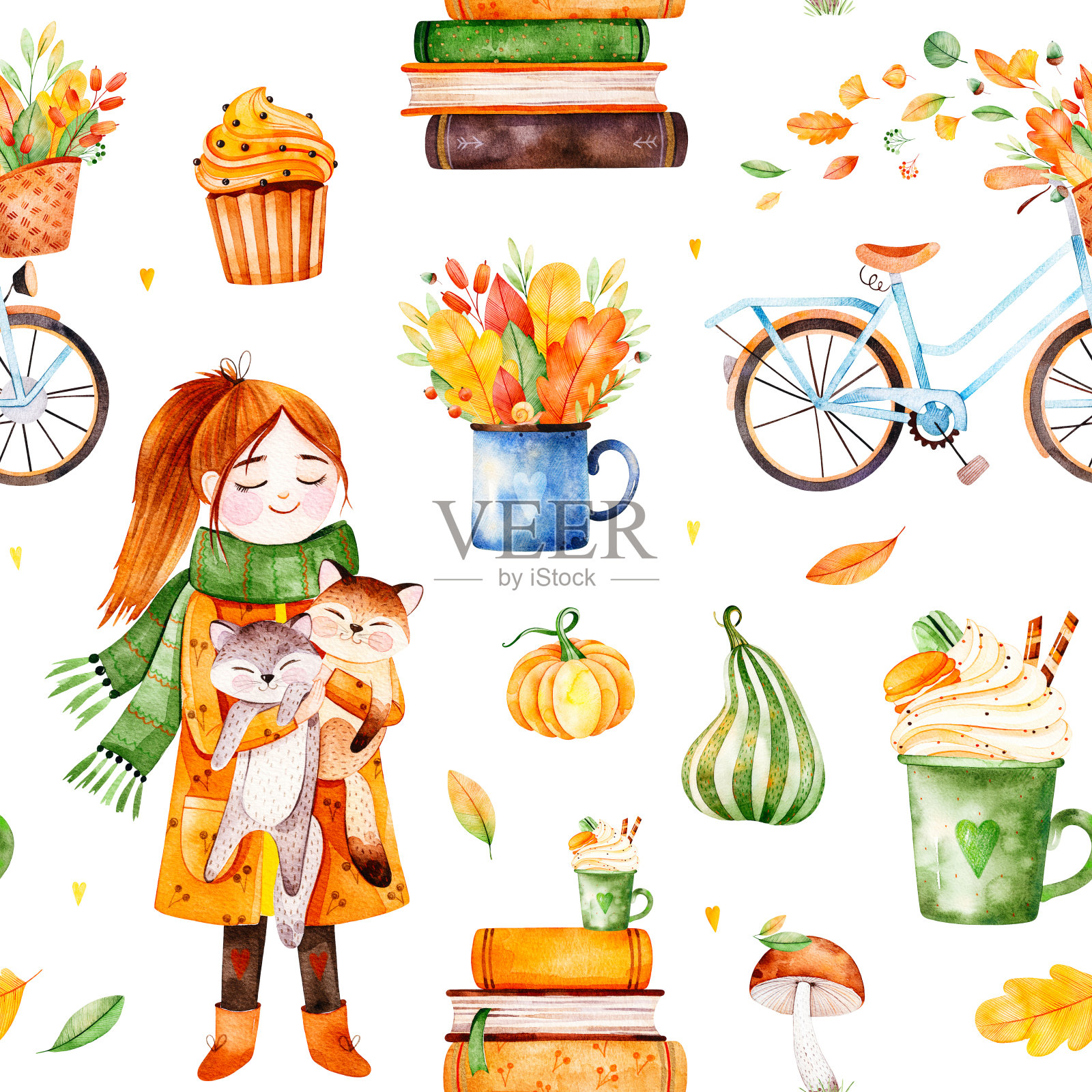 可爱的秋无缝图案配一辆自行车，秋叶，花束插画图片素材