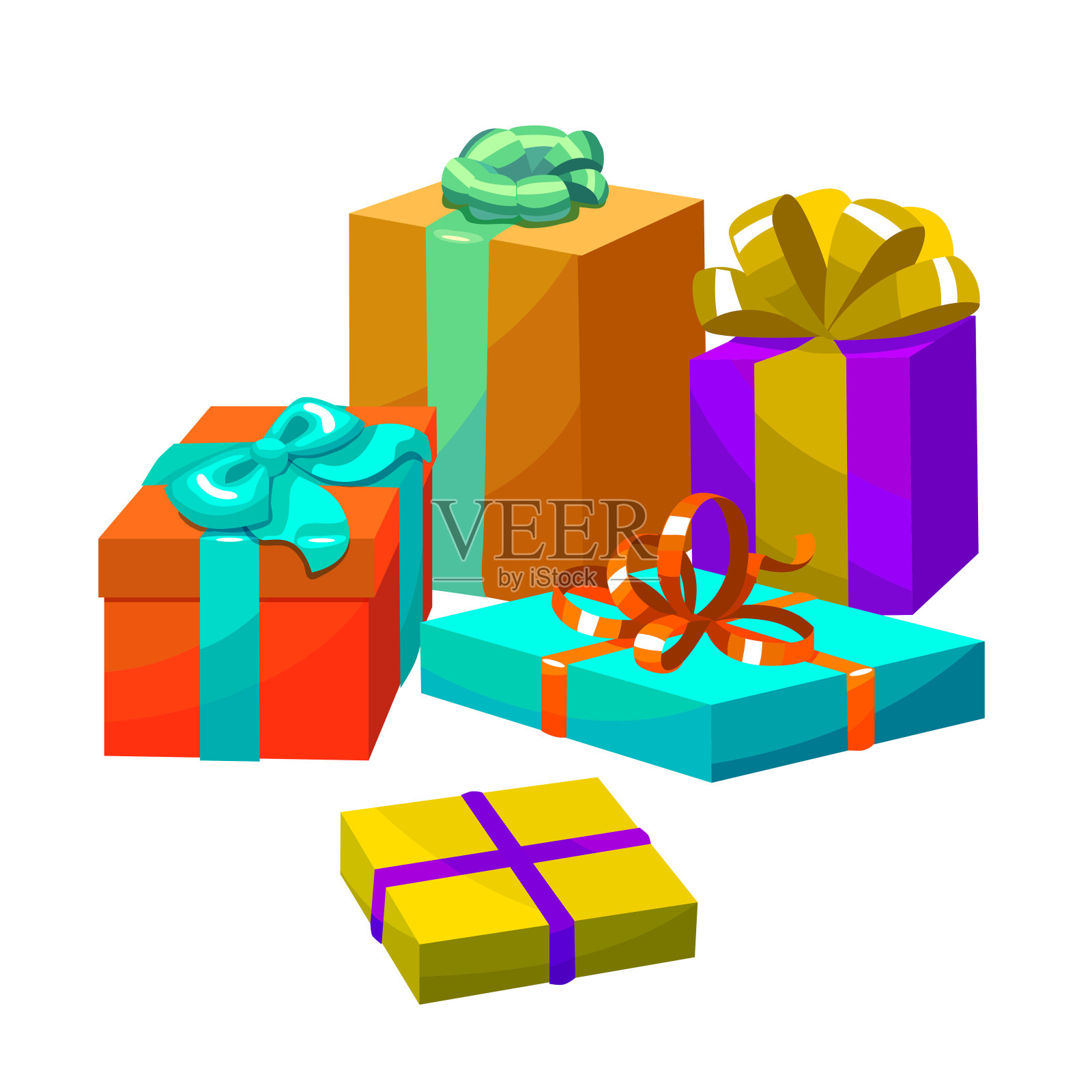 丰富多彩的礼物组成。卡通风格的礼盒。矢量插图的礼物与蝴蝶结和丝带设计元素图片