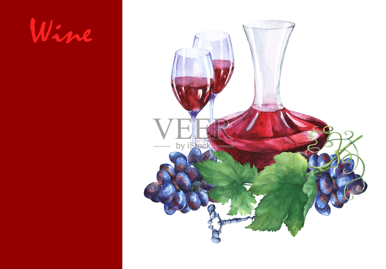 摆放新鲜葡萄、开瓶器、醒酒器和红酒杯。手绘水彩画在白色的背景。插画图片素材