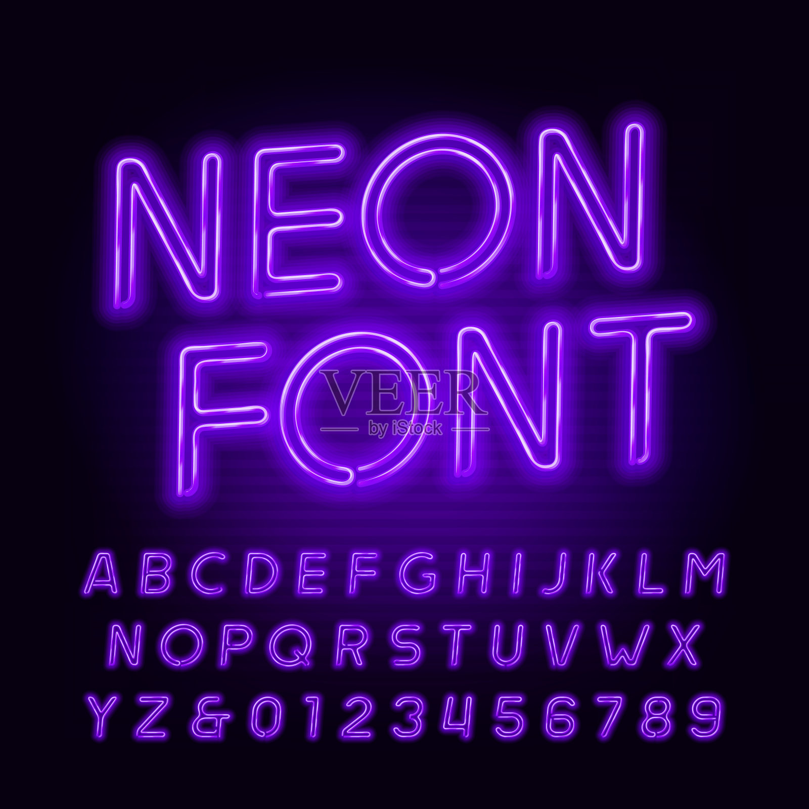 紫色氖管字母字体。插画图片素材
