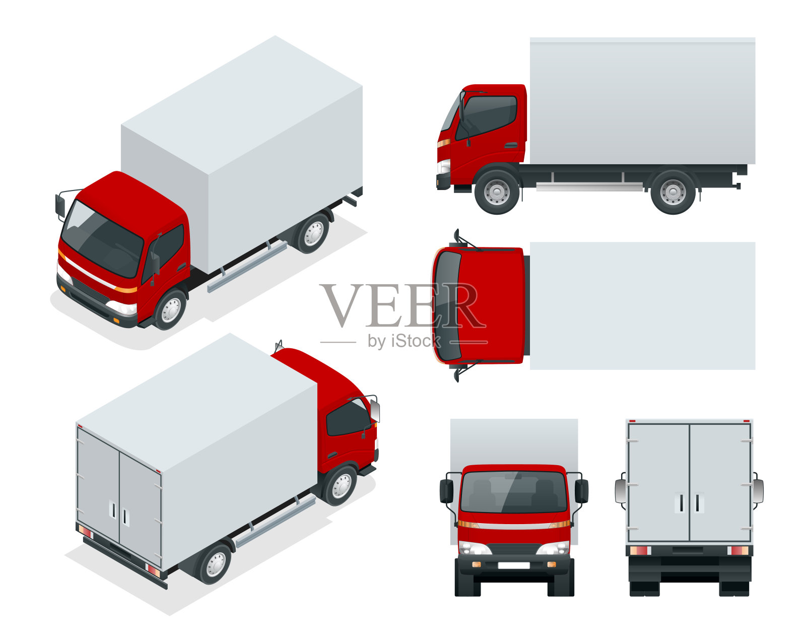 运货卡车运输。快速交付或物流运输。简单的颜色变化。模板矢量隔离在白色视图前，后，侧面，顶部和等距设计元素图片