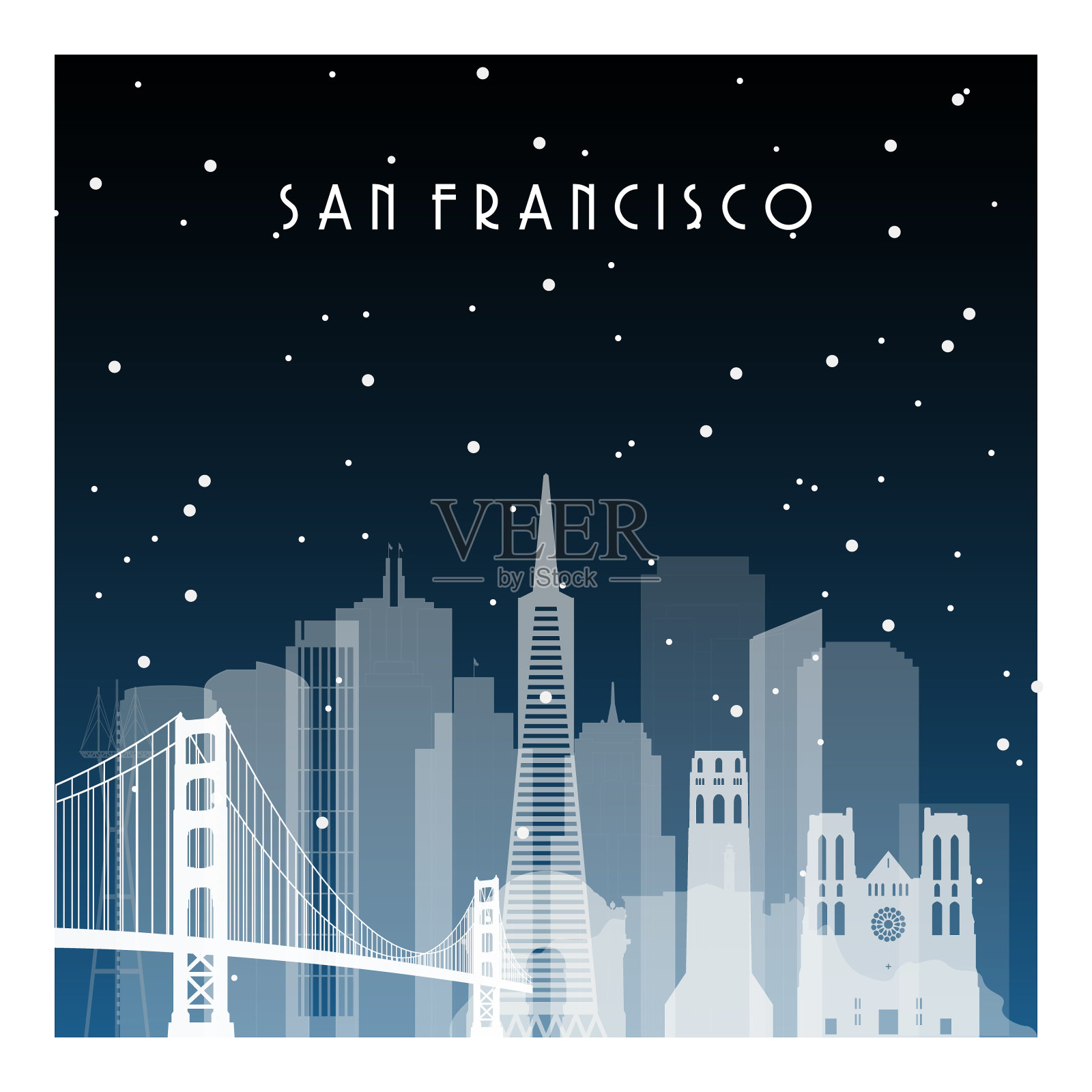 旧金山的冬夜。夜晚城市在平面风格的横幅，海报，插图，游戏，背景。插画图片素材