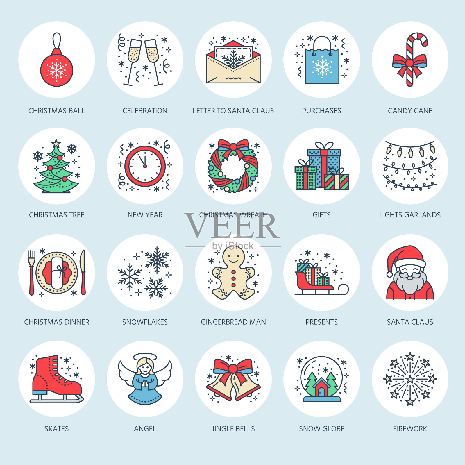 圣诞、新年平线标志。寒假-圣诞树礼物，雪人，圣诞老人，烟花，天使。矢量插图，庆祝圣诞派对的标志图标素材