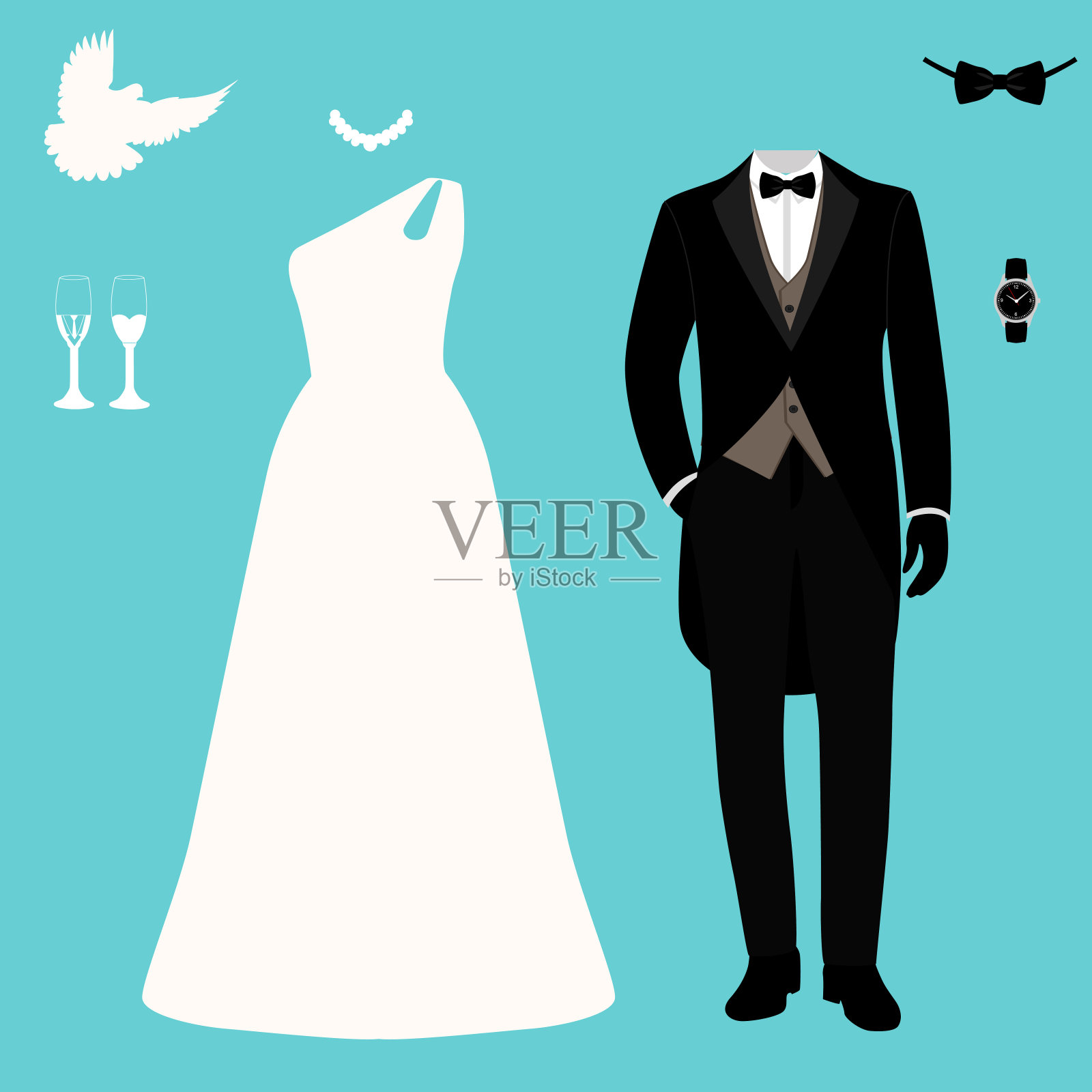 婚礼集。漂亮的婚纱和燕尾服。插画图片素材