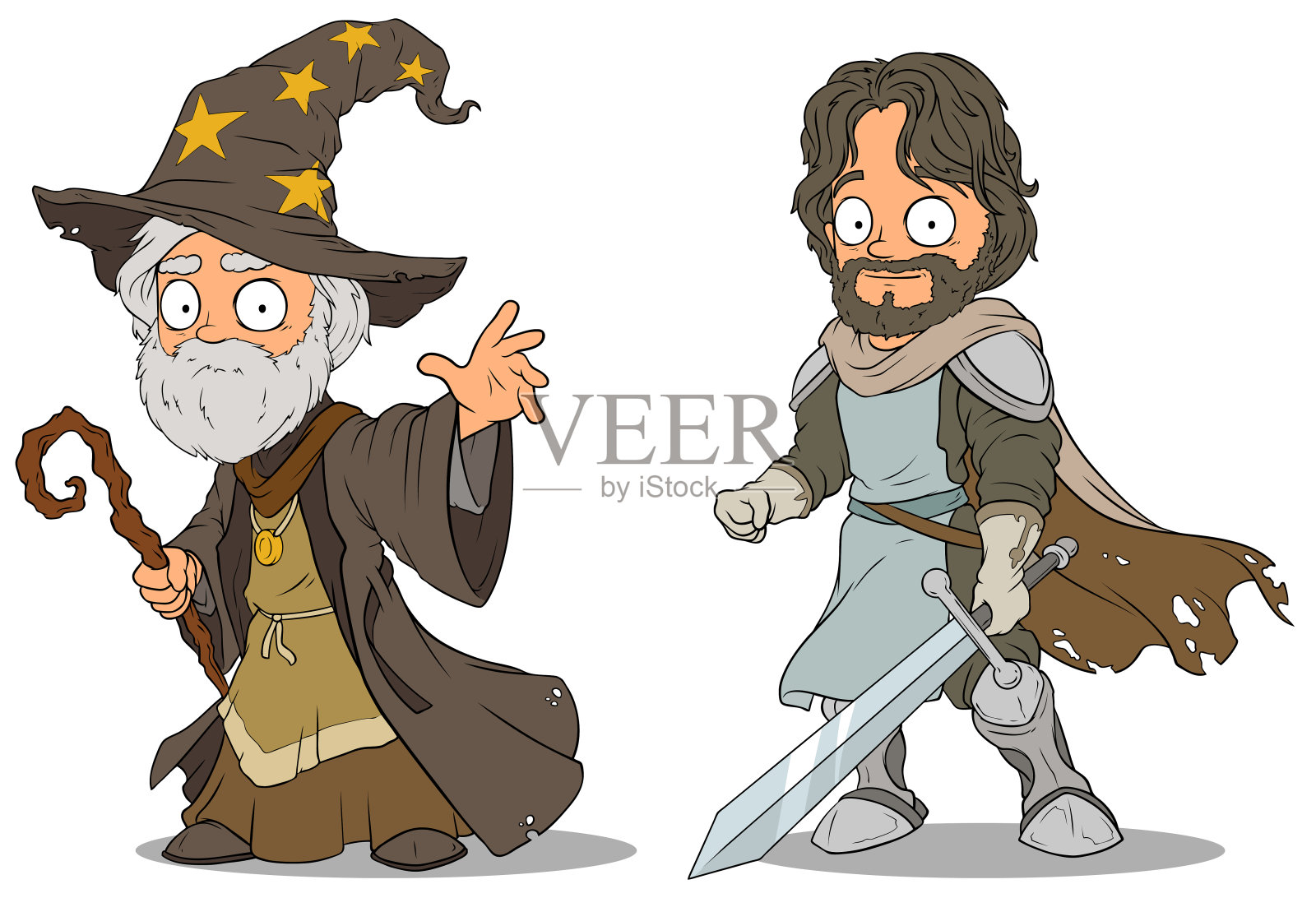 卡通中世纪巫师和骑士角色设置设计元素图片