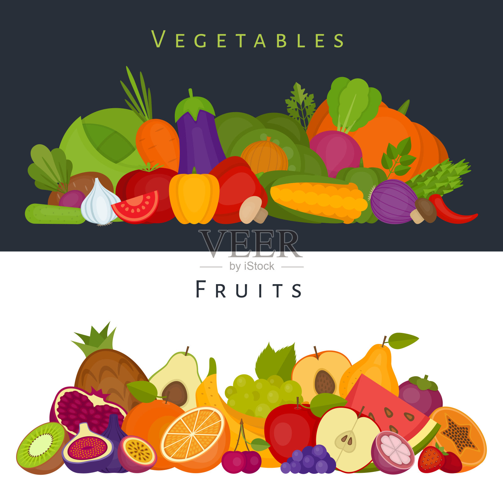 水果和蔬菜横幅。健康食品。平面风格，矢量插图。插画图片素材