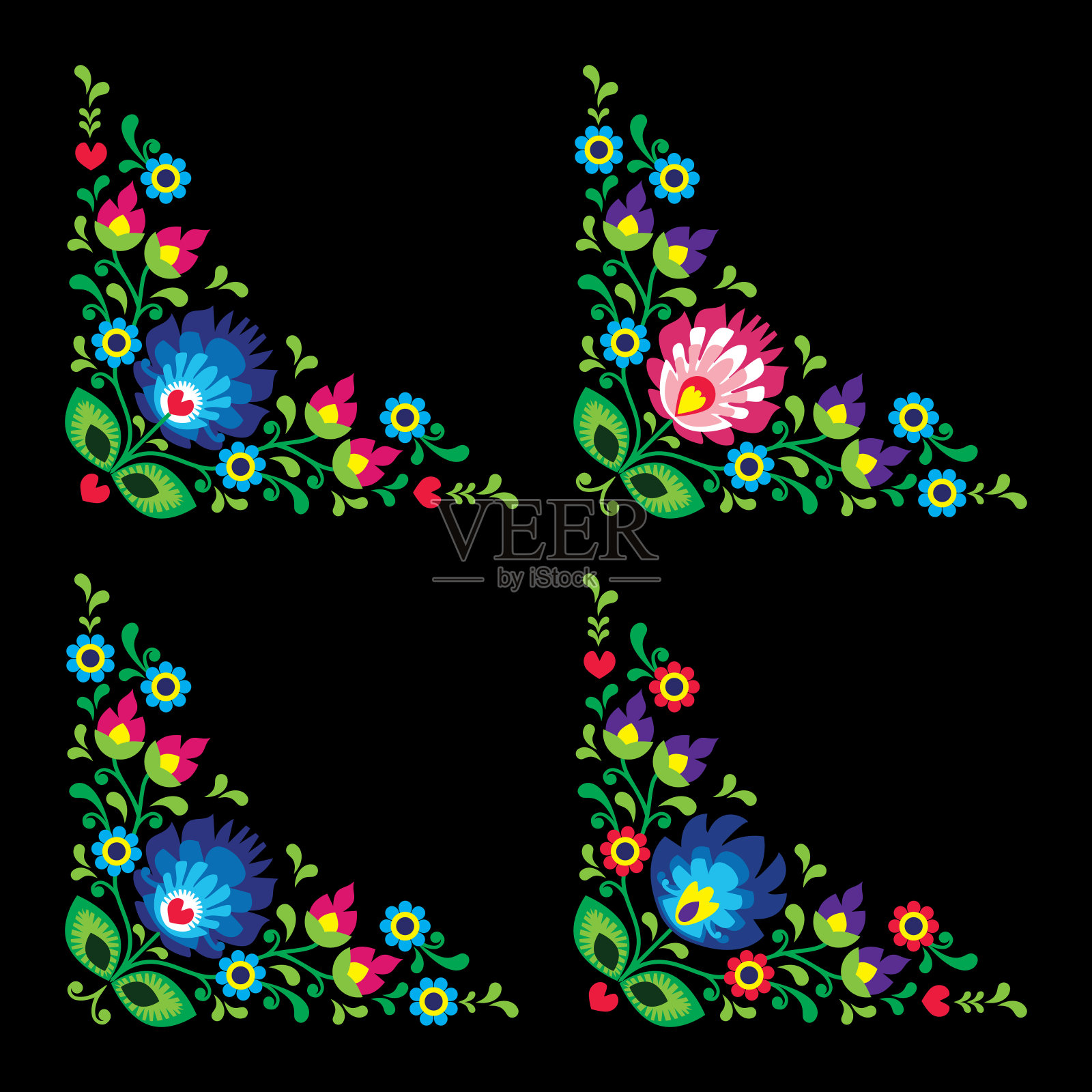 边角波兰民间花卉艺术矢量图案——Wzory Lowickie，传统图案插画图片素材