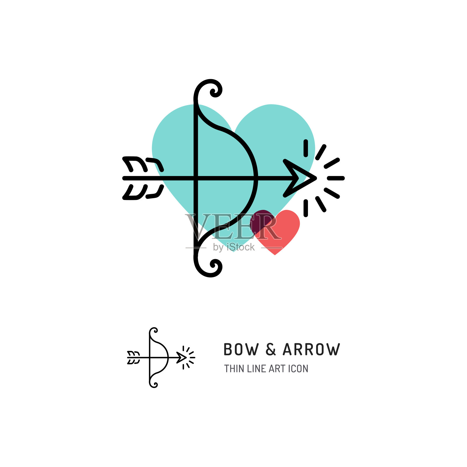 丘比特弓和箭箭线图标，婚礼和情人节标志，爱情符号，矢量平面插图设计模板素材