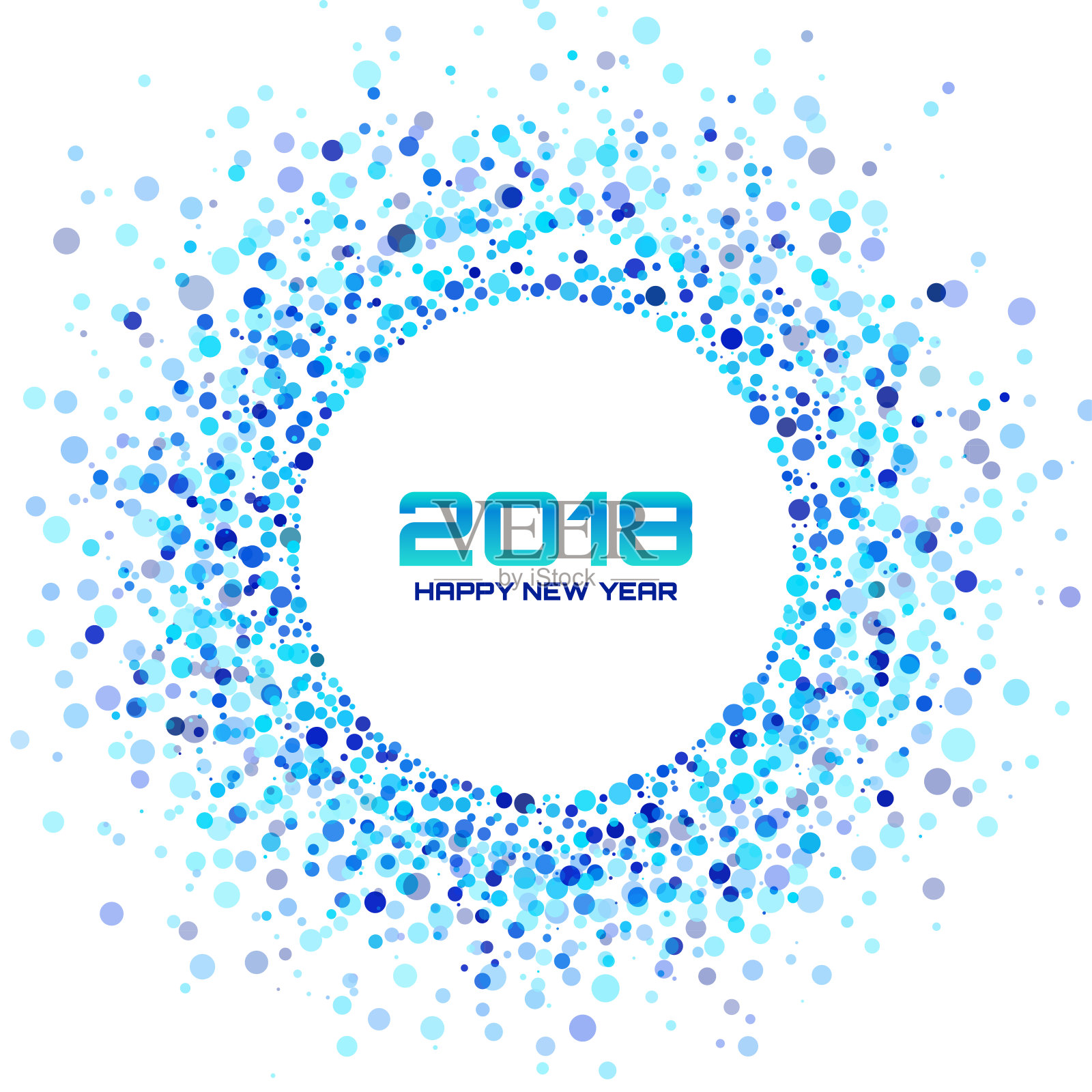 2018年新年贺卡的背景。蓝色光半色调圆形框架使用纸屑圆点纹理孤立在白色背景。矢量插图。插画图片素材