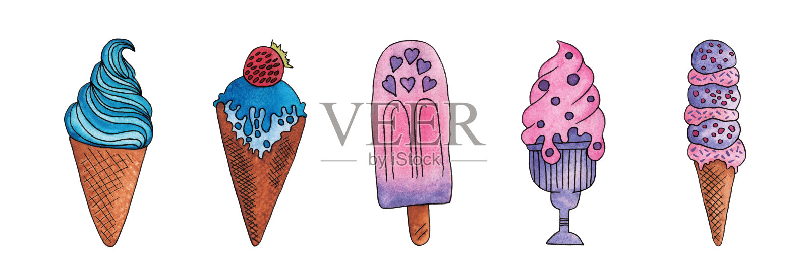 水彩手绘彩色冰淇淋插画图片素材
