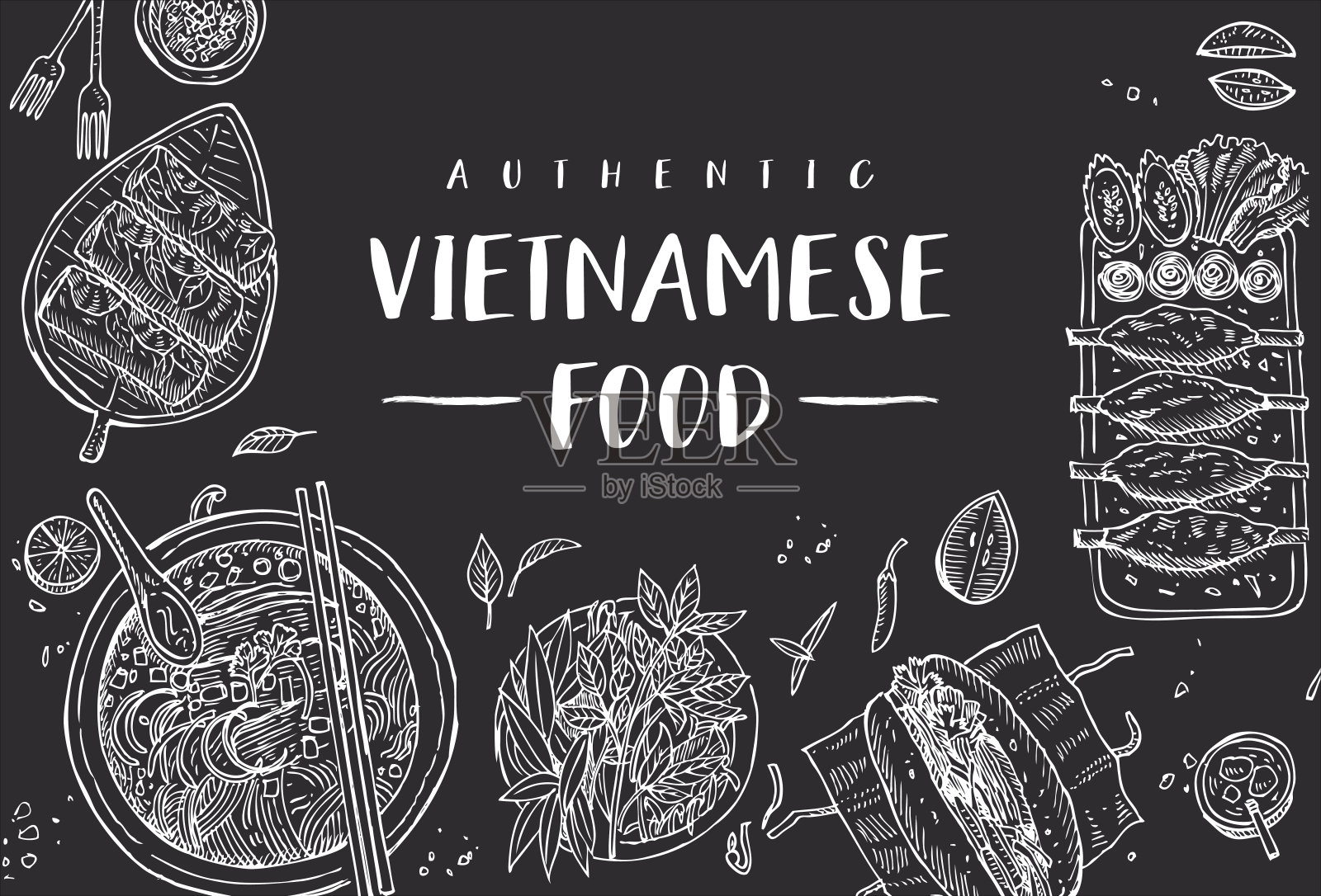 手绘俯视图传统越南食物在一个黑色板，矢量插图插画图片素材