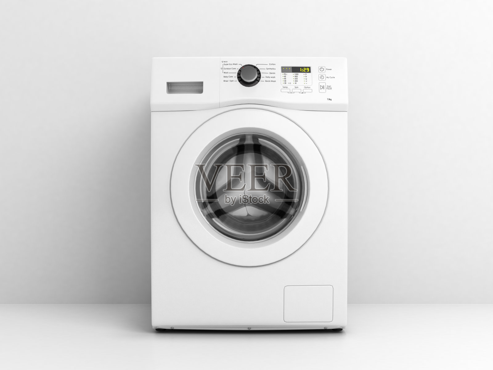洗衣机前视图上的白墙背景3d插图照片摄影图片
