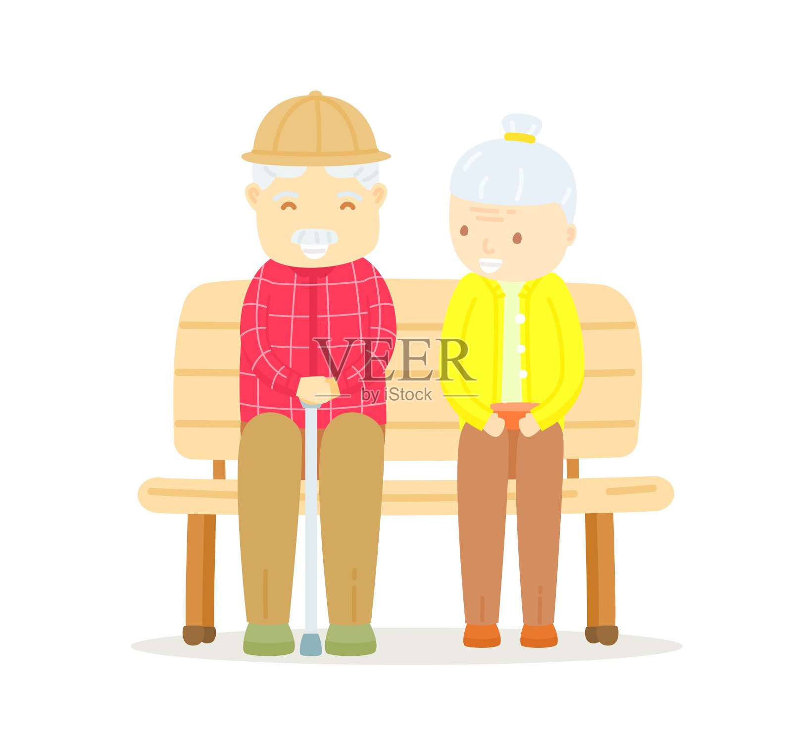 老夫妇坐在长椅上，快乐的老人与老太太坐在户外长椅上，老人与老太太说话和微笑，老夫妇的爱，长爱的男人/女人，夫妇是爱到长插画图片素材