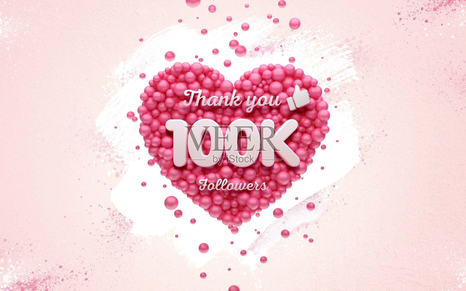 10万或10万粉丝谢谢粉色的心，红色的气球，球。3D插图为社交网络的朋友，追随者，网络用户感谢你庆祝的订阅者或追随者和喜欢。照片摄影图片