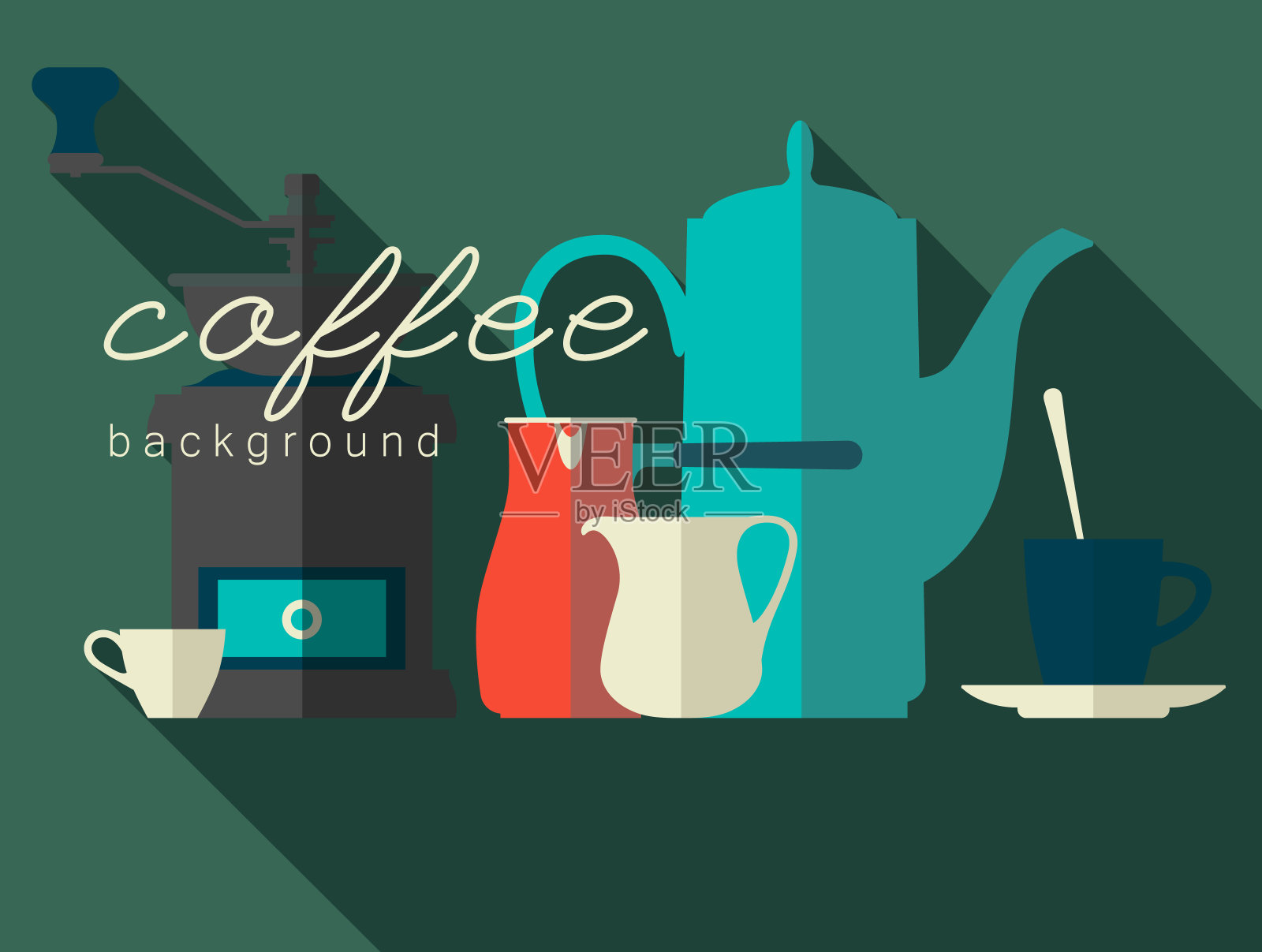 一组平面图标。咖啡壶、研磨机、咖啡杯、咖啡壶、咖啡壶。矢量插图。插画图片素材