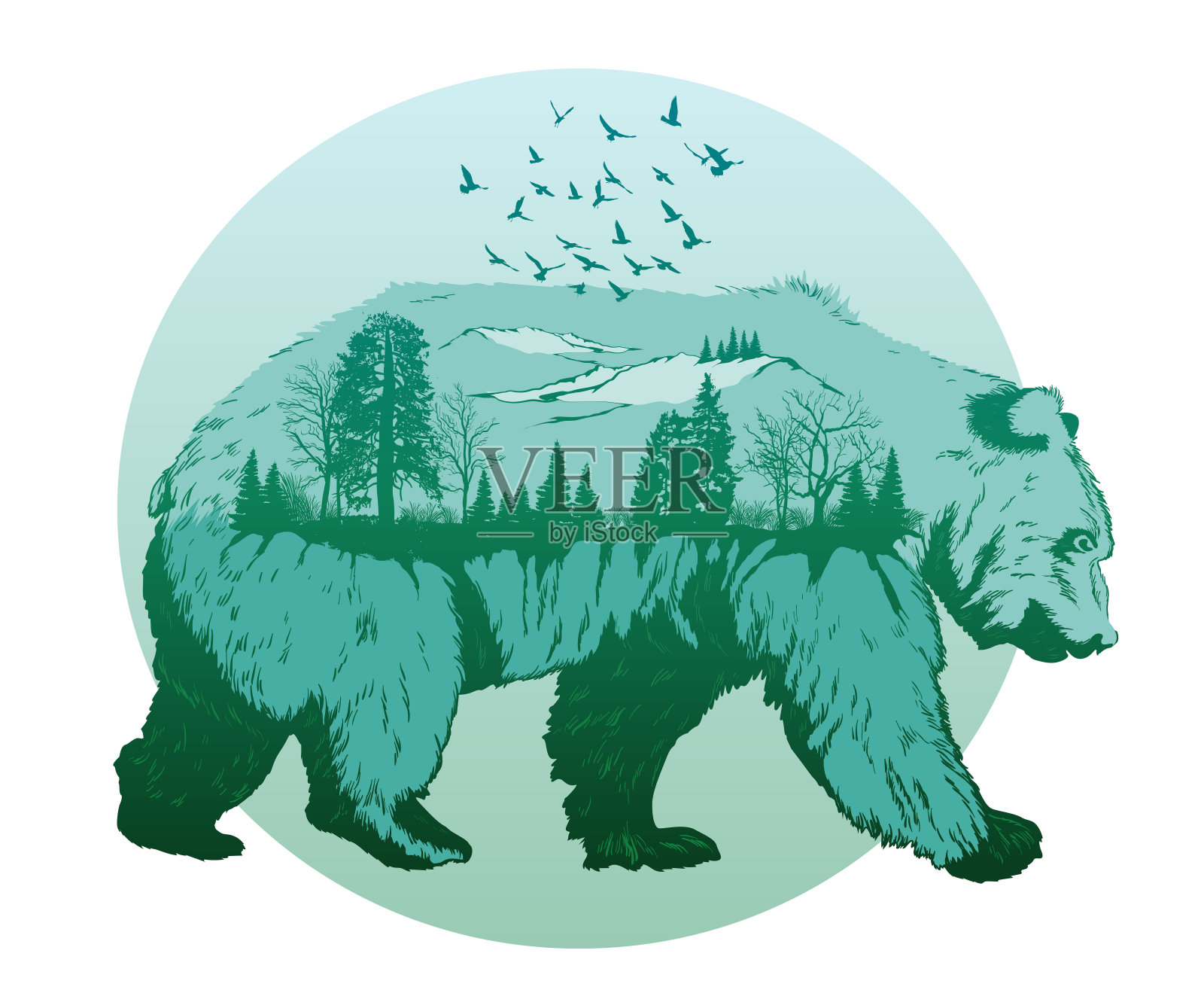 双重暴露，野熊和森林插画图片素材