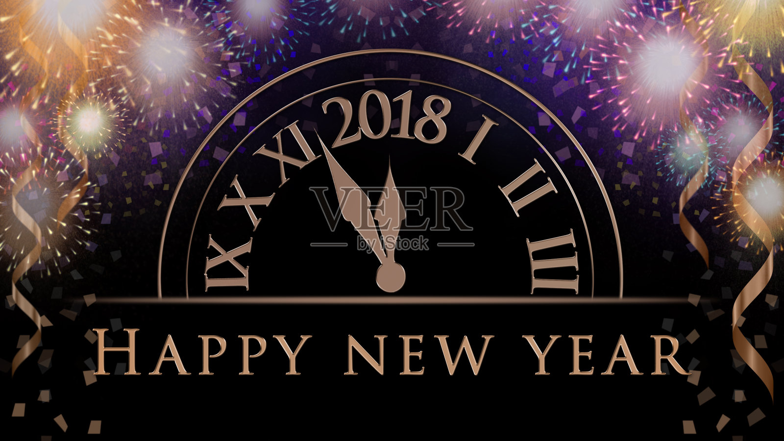新年庆祝的背景用五彩缤纷的晚会烟花，时钟用2018年的文字。照片摄影图片