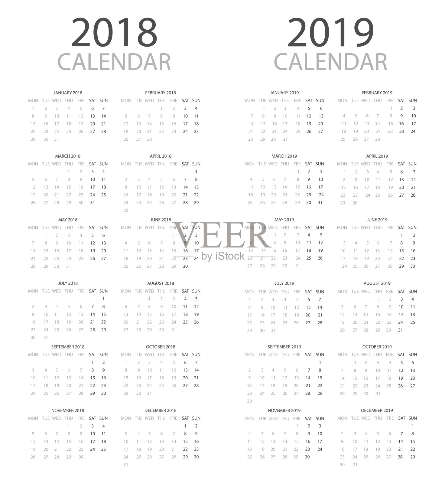 2018年和2019年的日历采用扁平样式设计模板素材