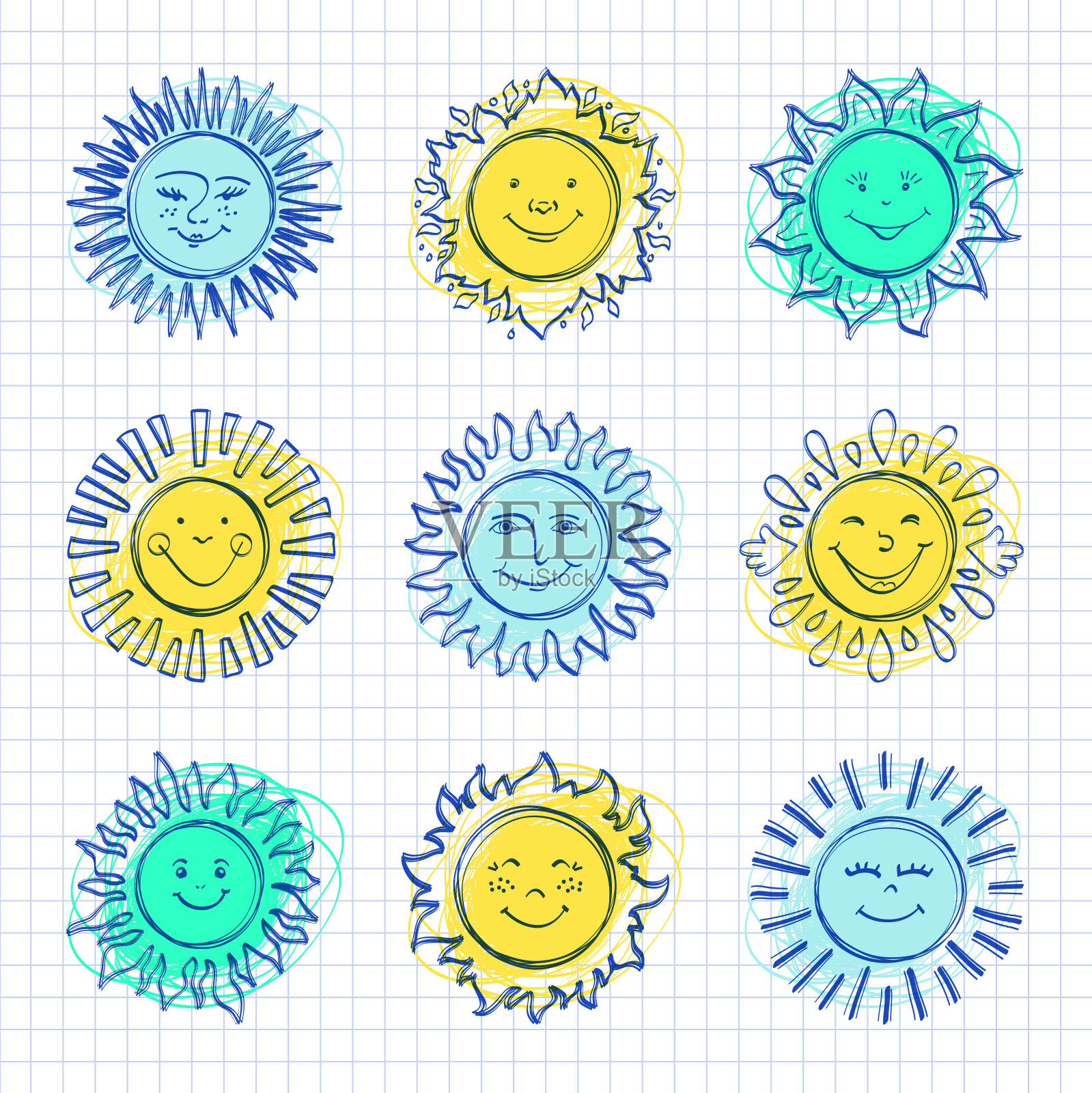 素描太阳孩子画，手绘阳光图标，有趣的太阳插画图片素材