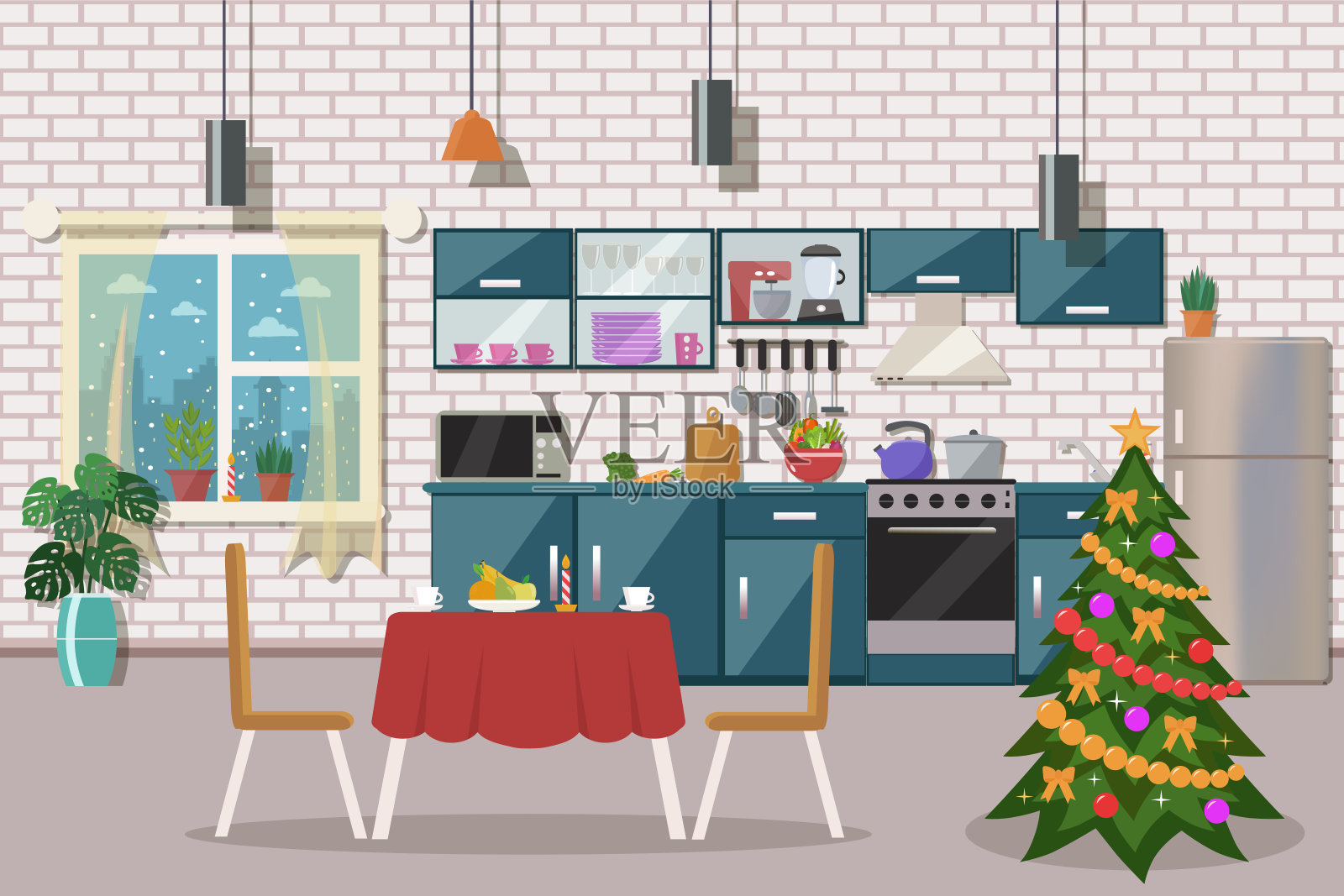 厨房内部的圣诞树。插画图片素材
