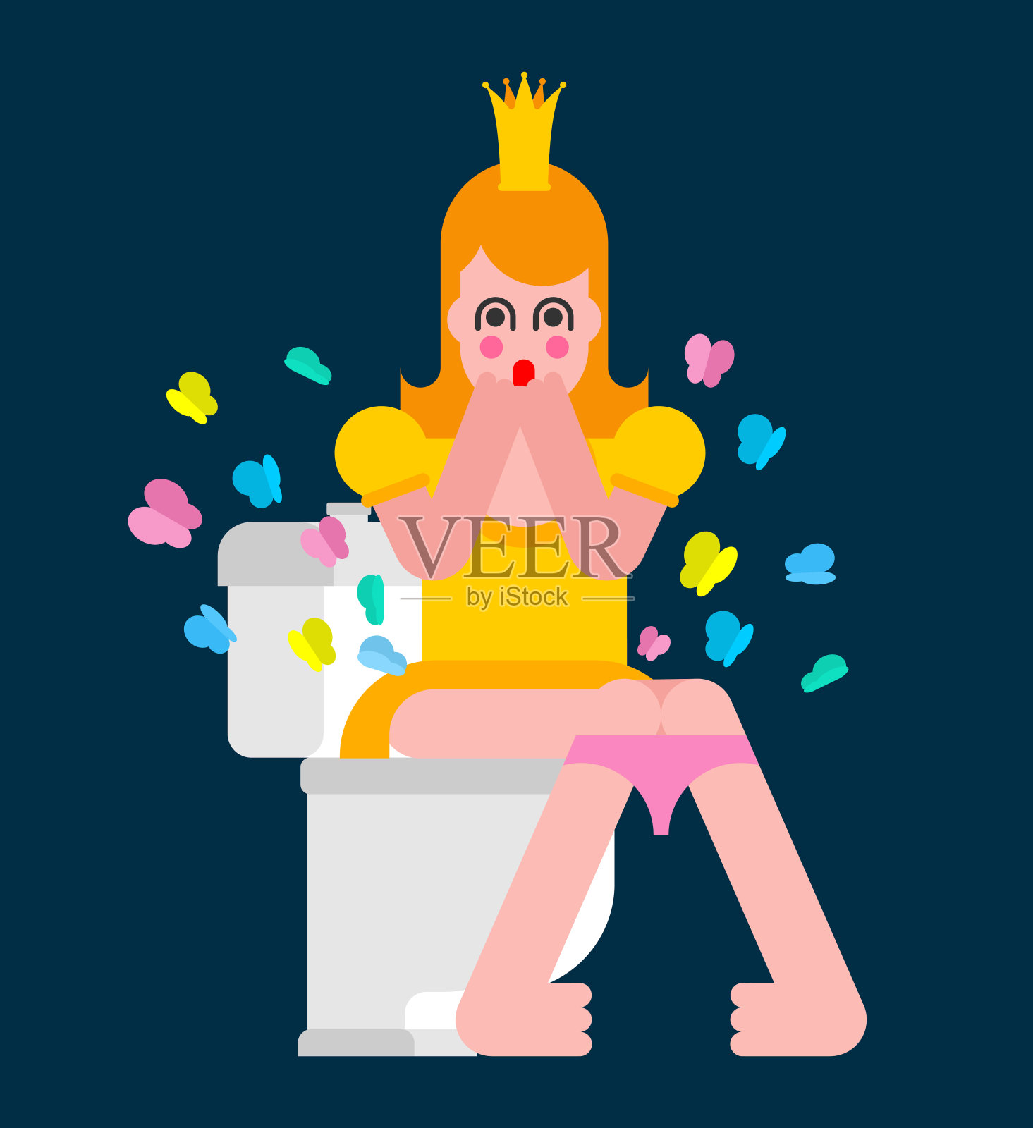 公主上厕所放屁蝴蝶。女人在厕所里。戴着皇冠的可爱女孩。矢量图插画图片素材