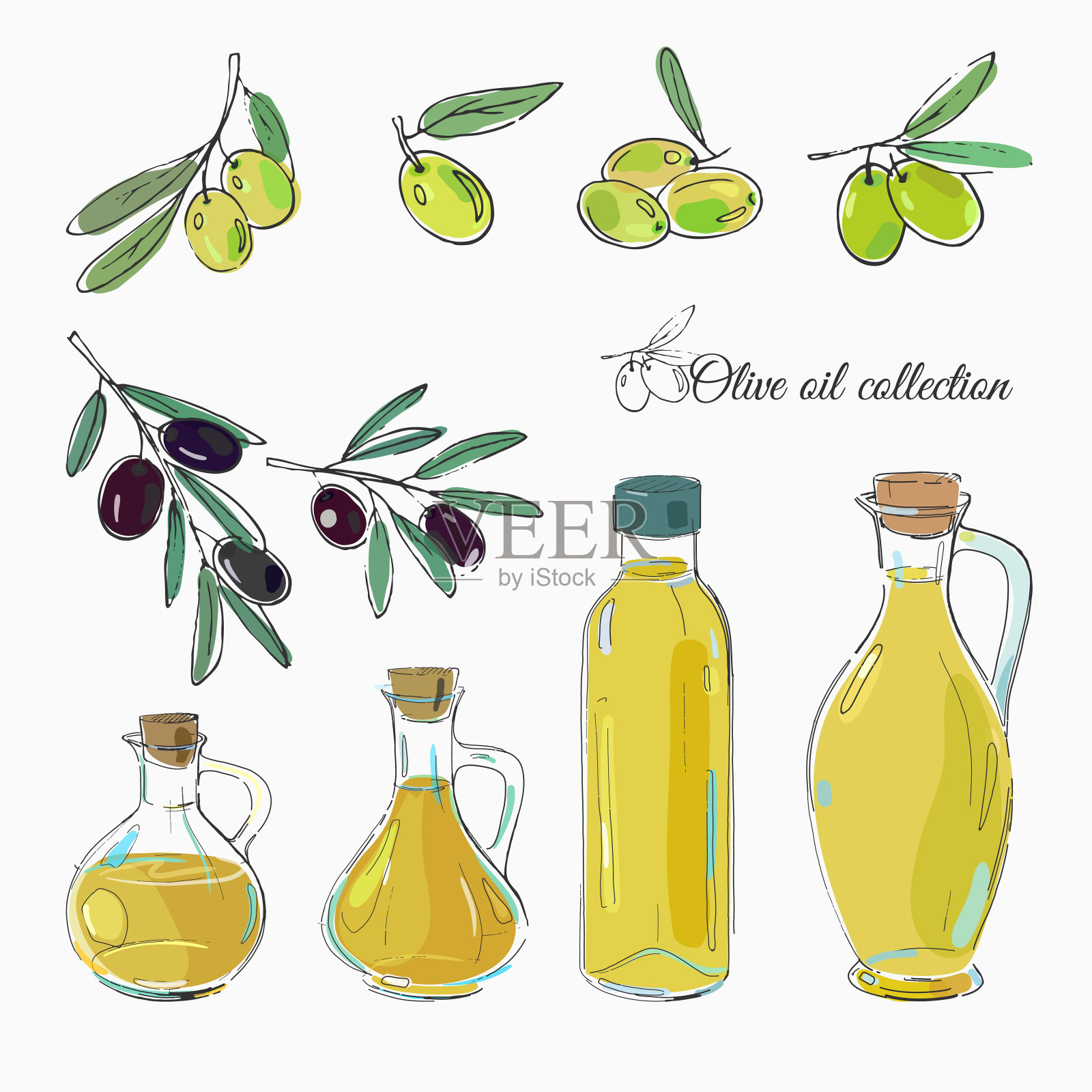 橄榄油瓶和橄榄在白色上隔离插画图片素材