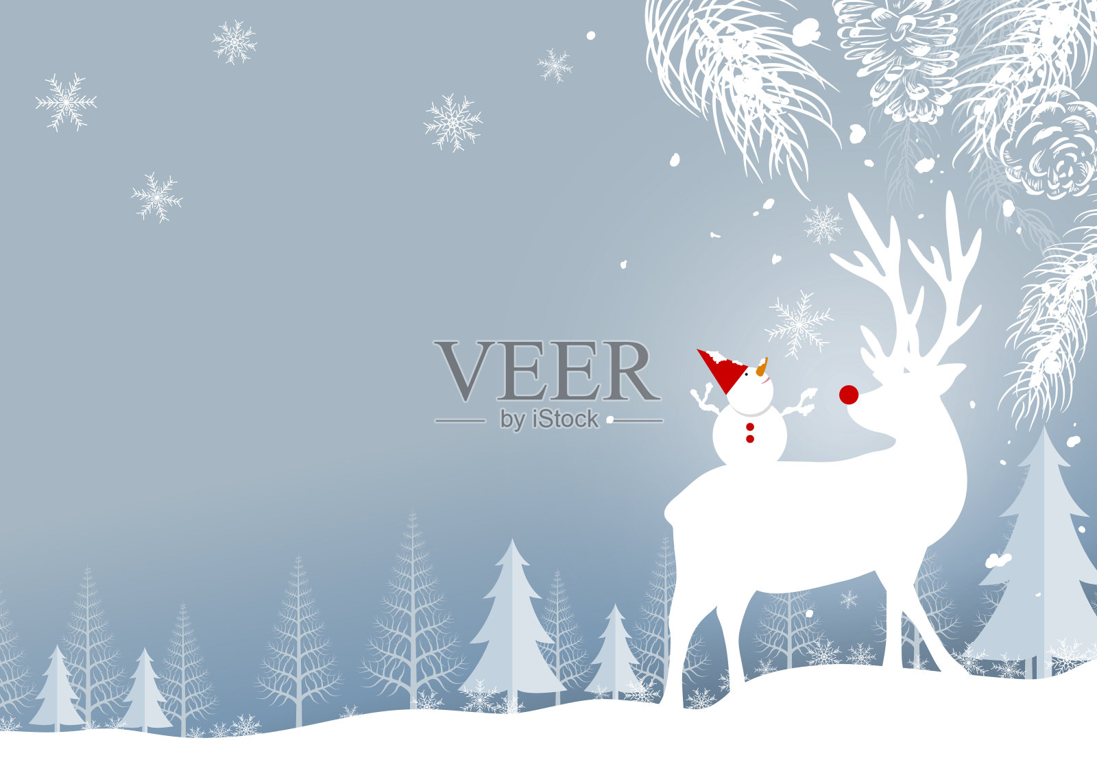 圣诞背景设计的驯鹿和松叶与雪花在森林冬季矢量插画插画图片素材