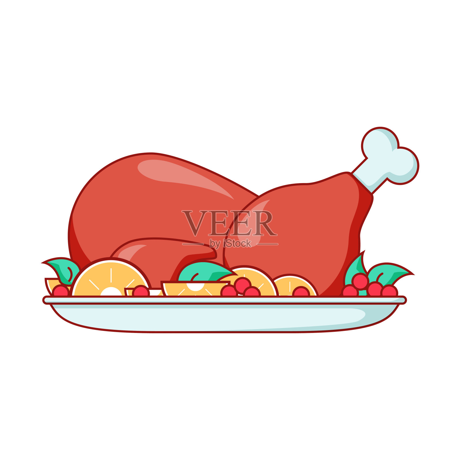烤火鸡或鸡肉图标，平面卡通矢量插图。感恩节晚餐。设计元素图片