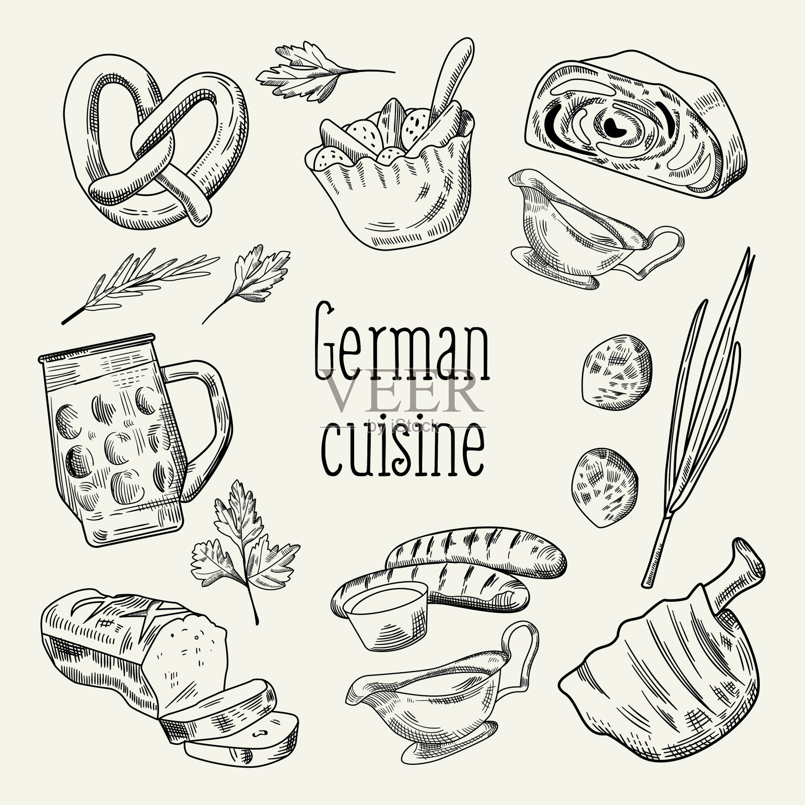 德国传统食物手绘轮廓涂鸦。德国菜菜单模板。食品和饮料。矢量图插画图片素材