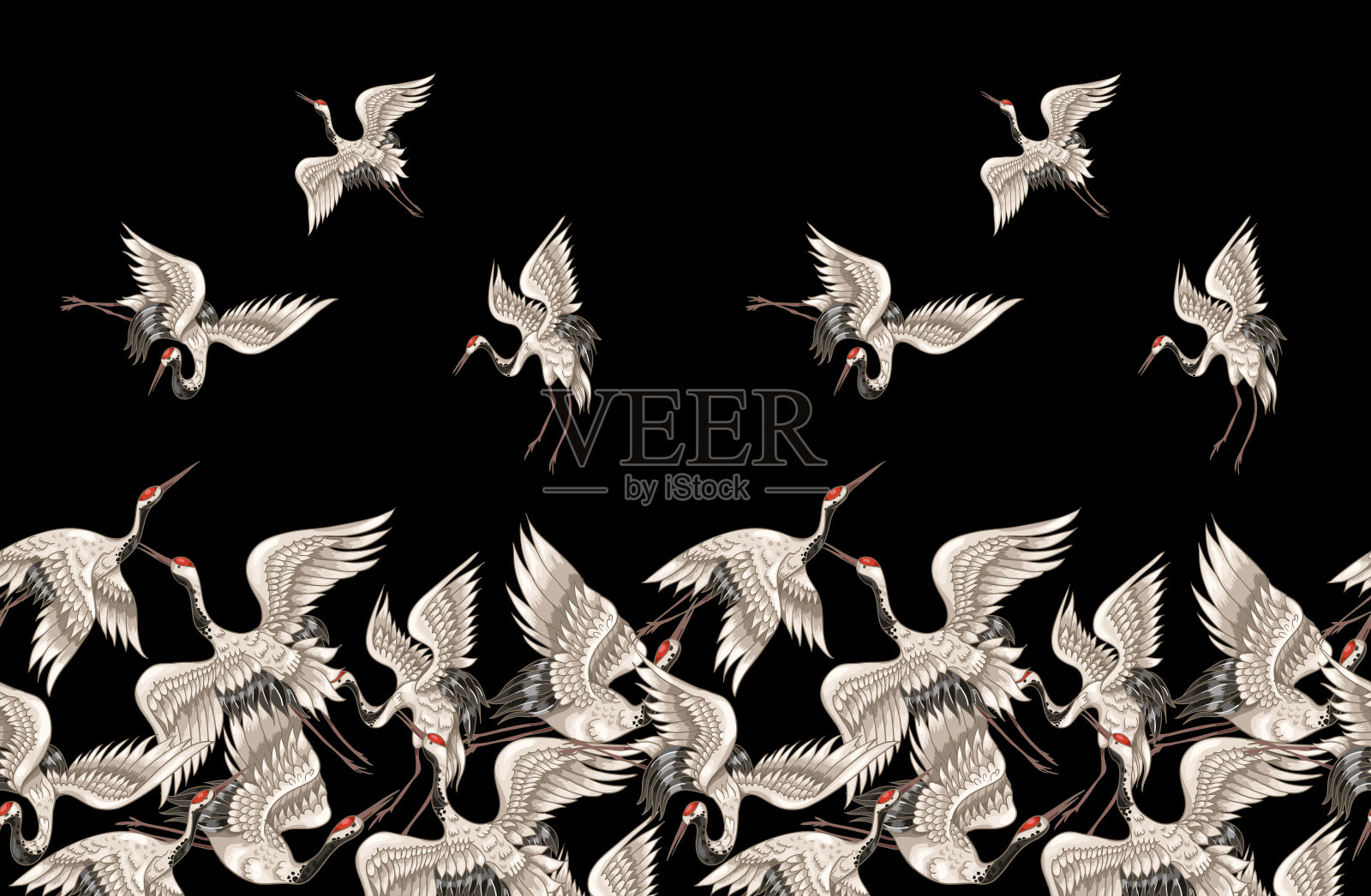 日本白鹤在不同姿势的无缝图案为您设计(刺绣，纺织品，印花)背景图片素材