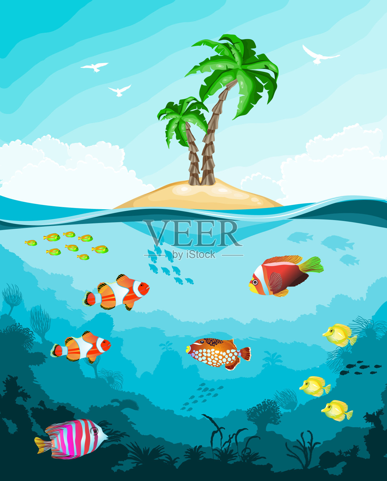 有鱼和热带岛屿的水下世界插画图片素材