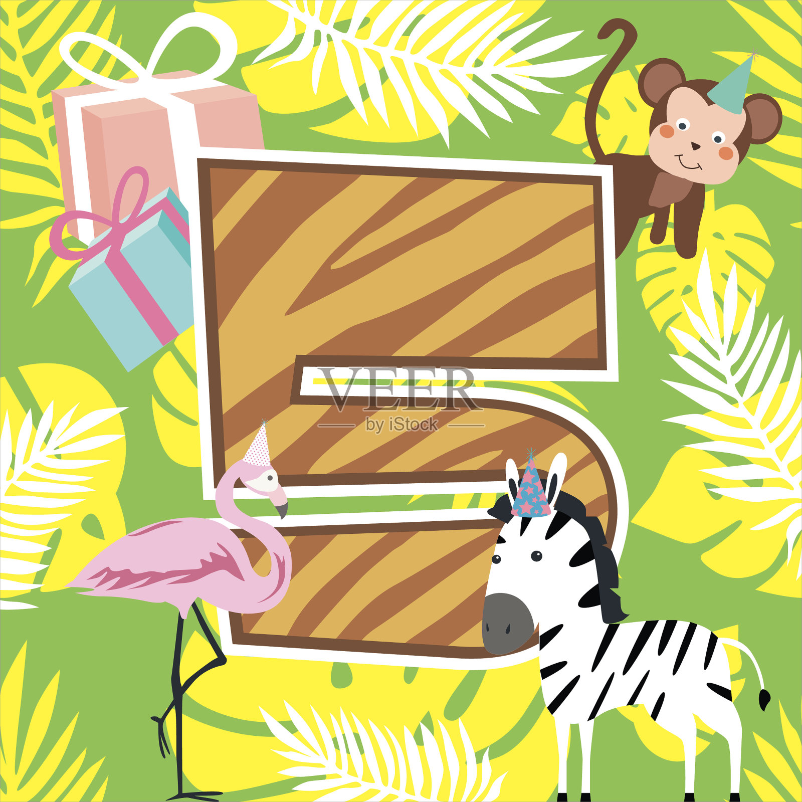 生日贺卡上有非洲狩猎之旅派对的号码插画图片素材