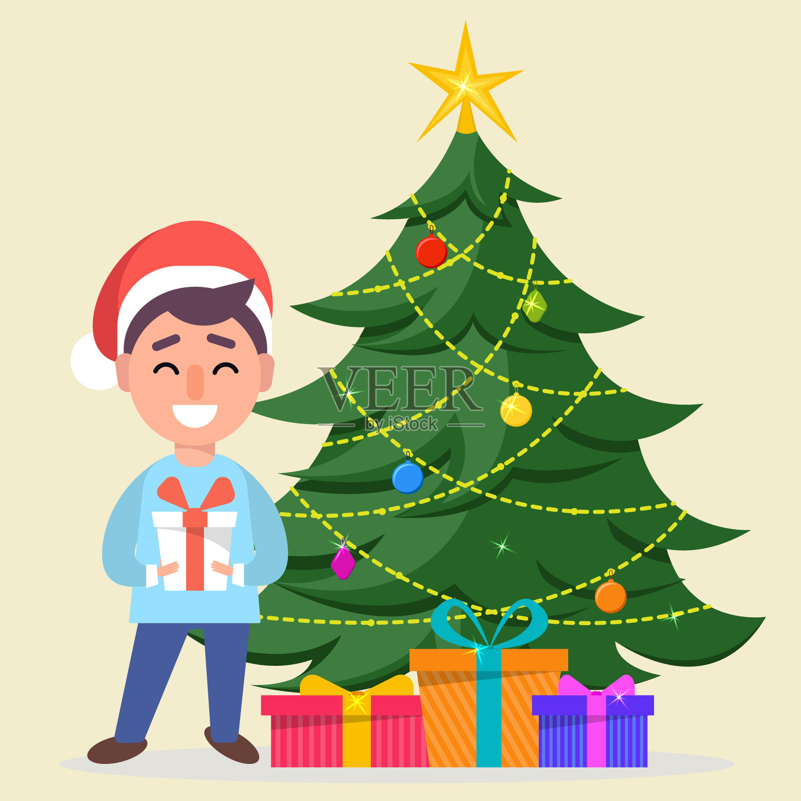 男孩戴着圣诞老人帽，站在装饰好的圣诞树旁，圣诞树下放着礼物盒插画图片素材