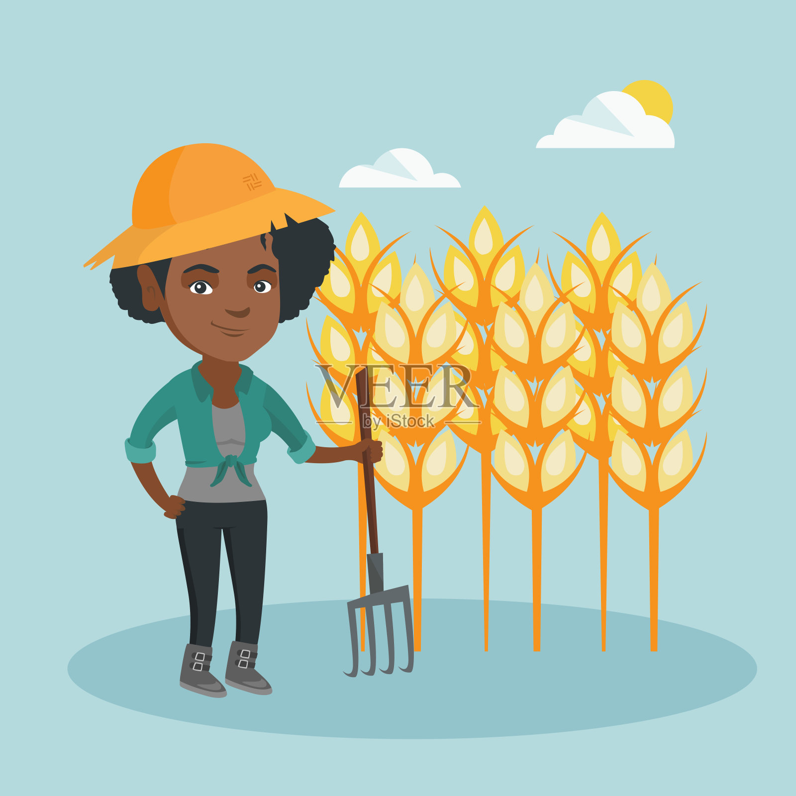 一个年轻的农民拿着干草叉站在田野里插画图片素材