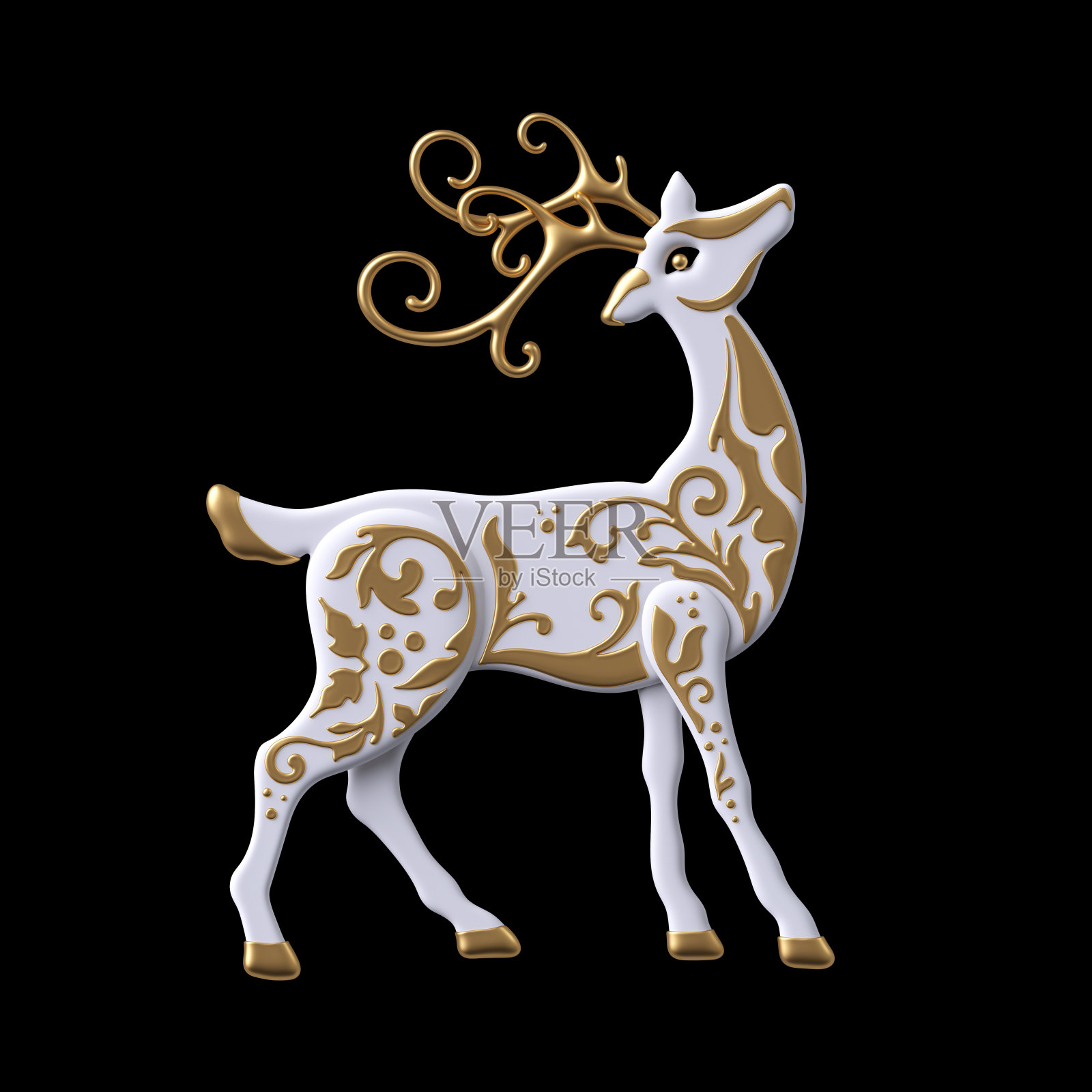 3d渲染，数字插图，圣诞驯鹿剪辑艺术，装饰鹿，浮雕黄金装饰，站立的白色鹿，孤立在黑色背景设计元素图片