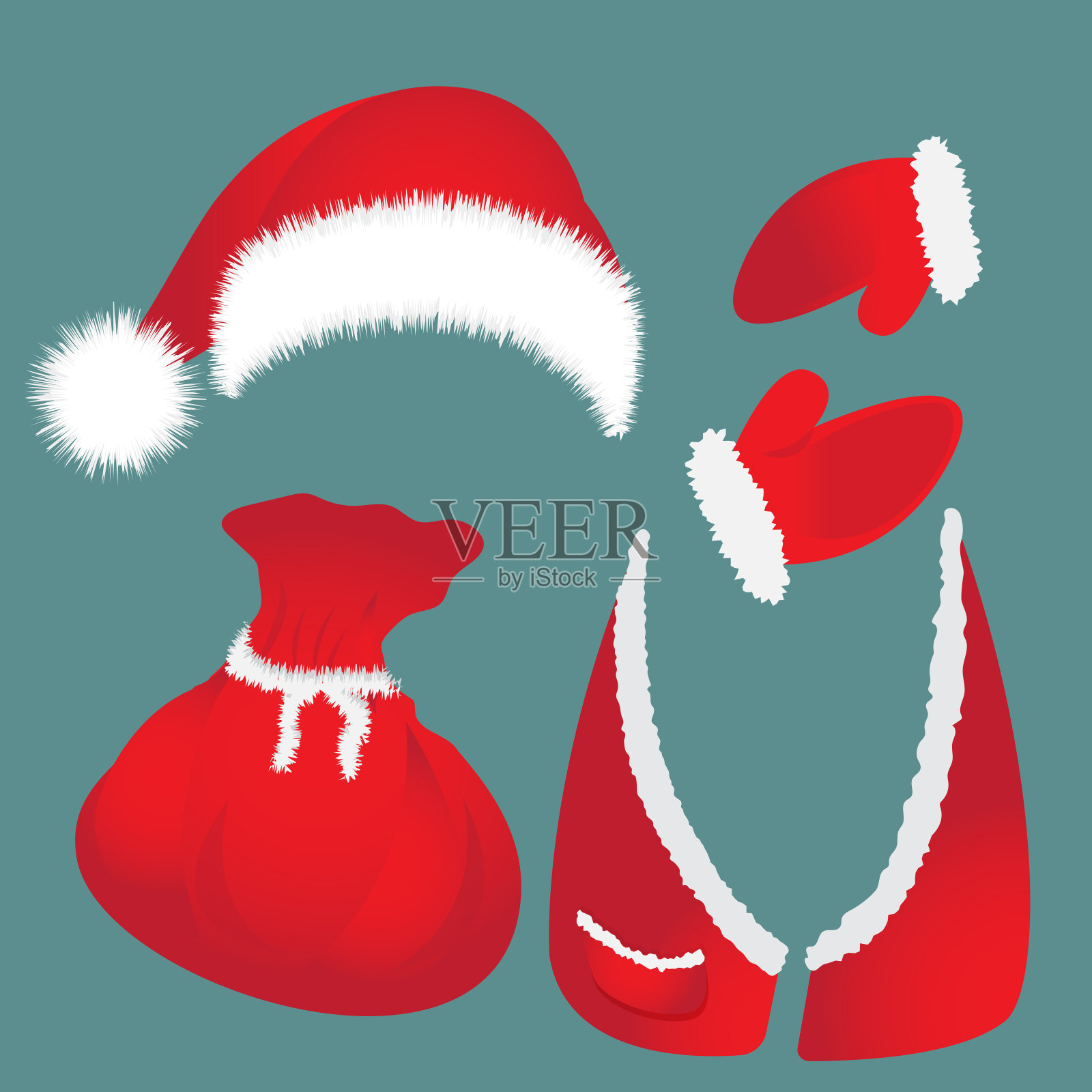 有绒球的帽子，袋子，背心，圣诞老人手套。插画图片素材