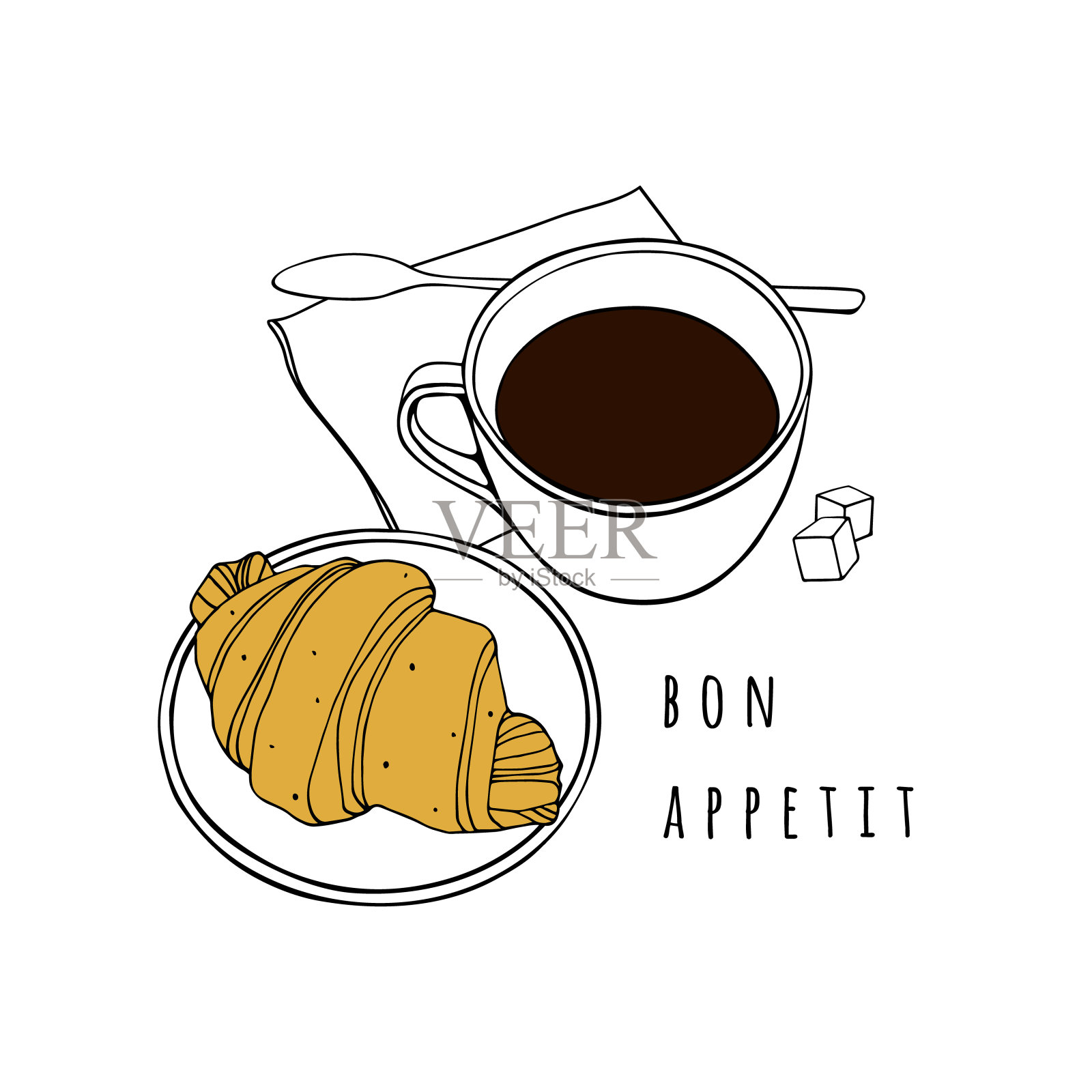 牛角面包和一杯咖啡。手绘矢量插图。一张咖啡馆，面包店，餐厅的海报。插画图片素材