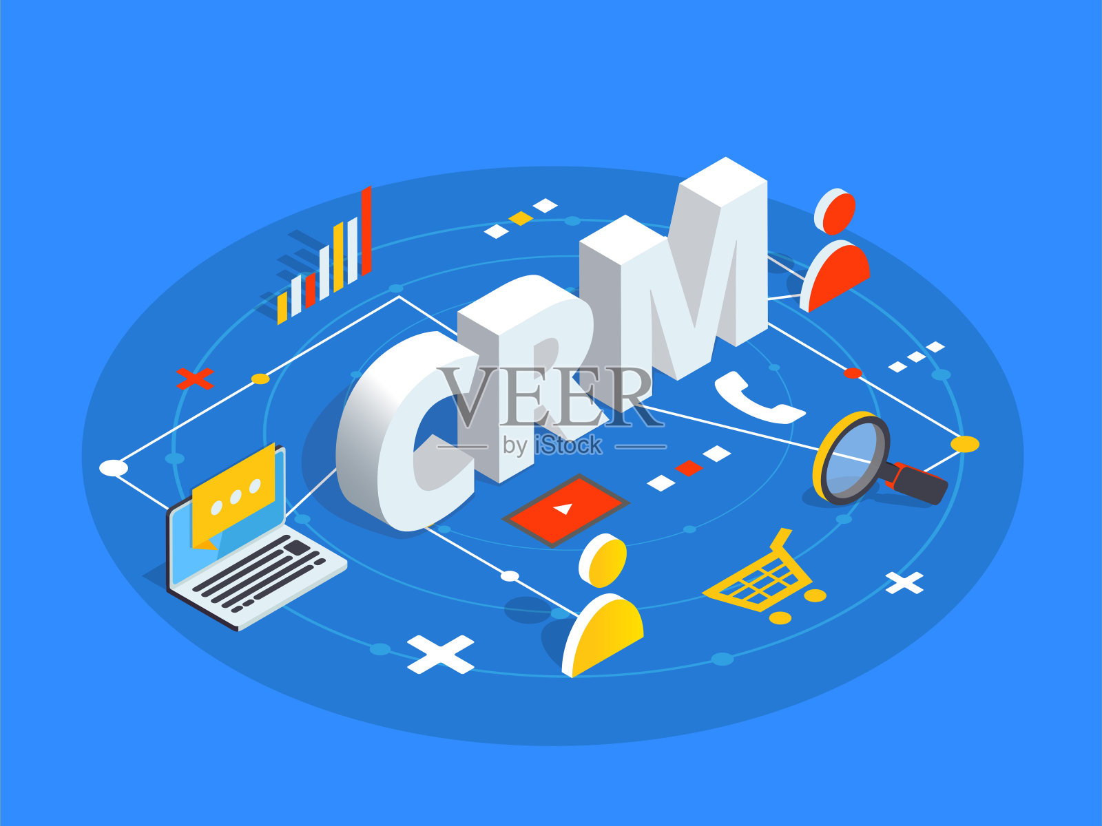 CRM等距矢量图。客户关系管理概念背景。客户和公司互动的方法。插画图片素材