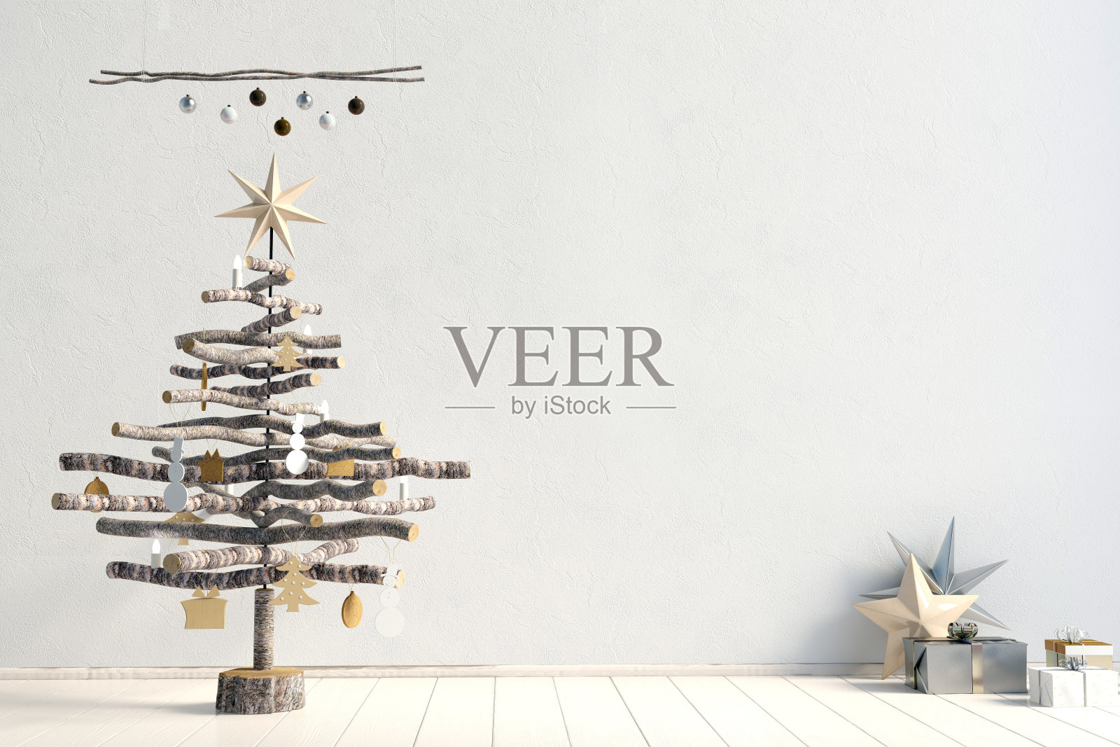 现代简约圣诞室内设计，斯堪的纳维亚风格。3 d演示。墙模型插画图片素材