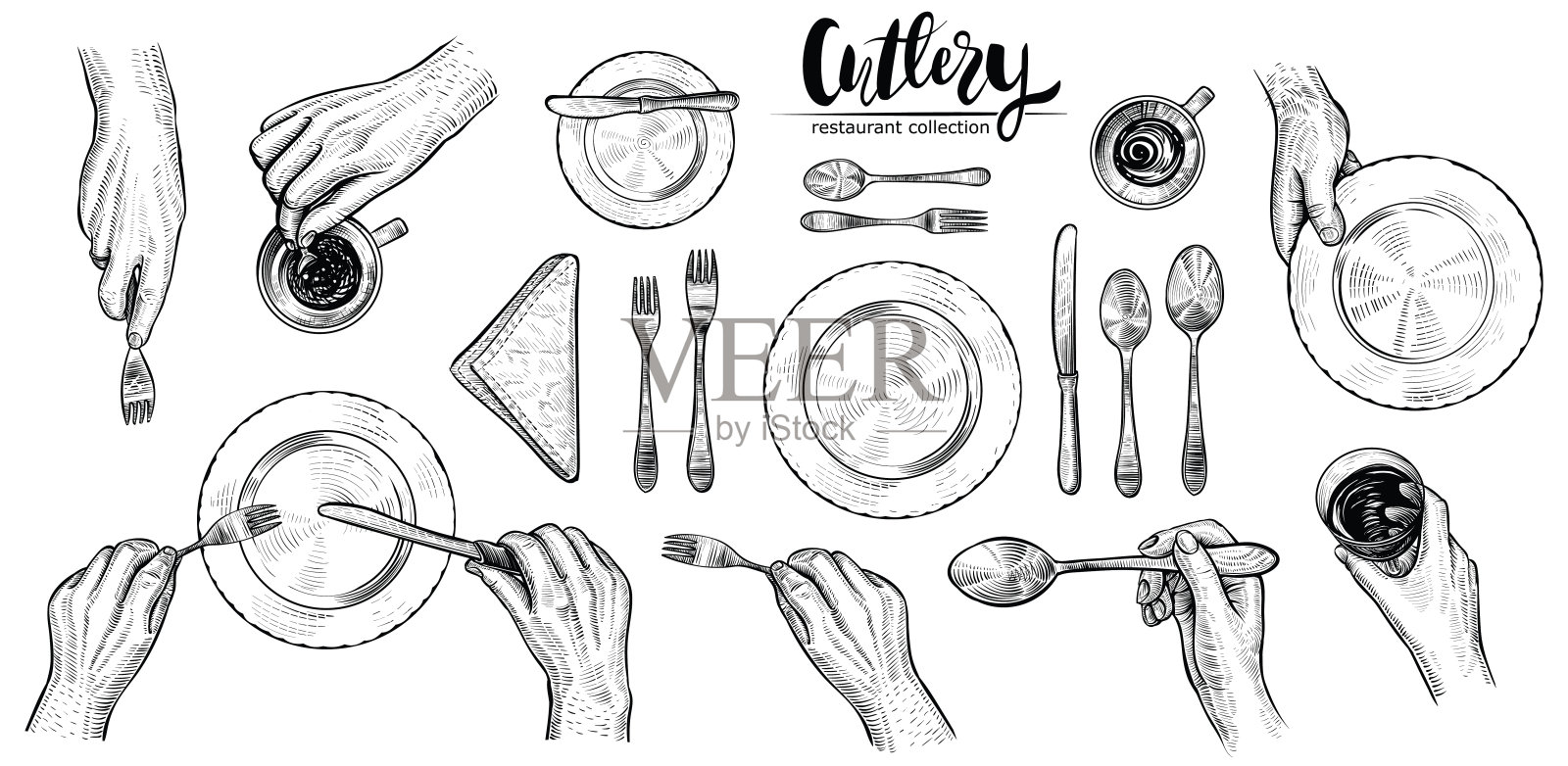 手拿餐具，矢量线插图。顶视图在餐桌设置与用餐的人。设计元素图片