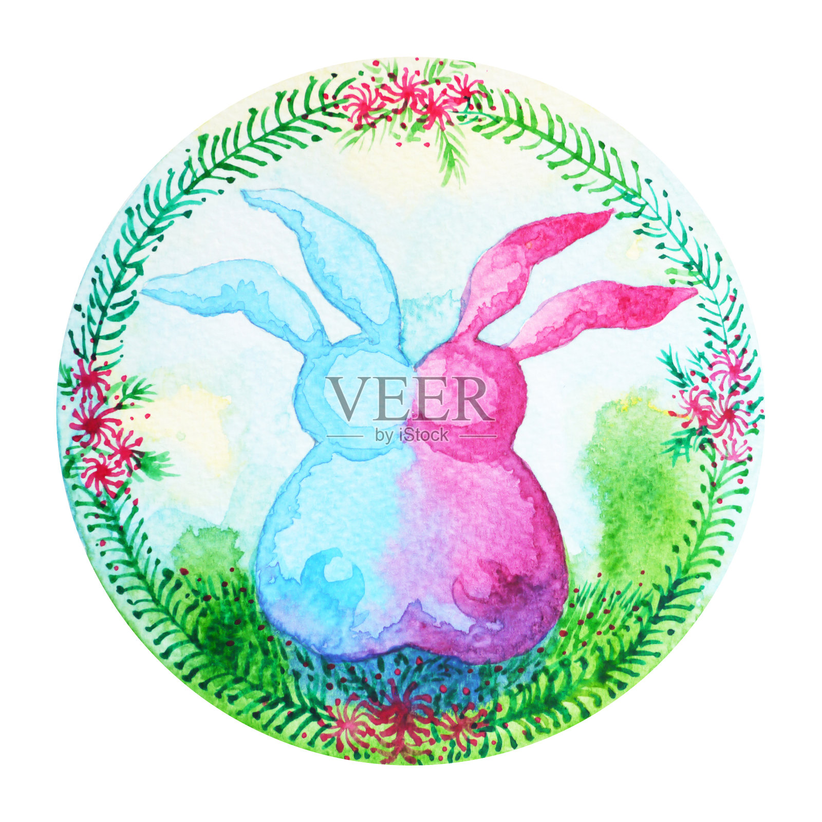 兔夫妇春节花圈庆祝水彩画复活节，情人节设计元素图片