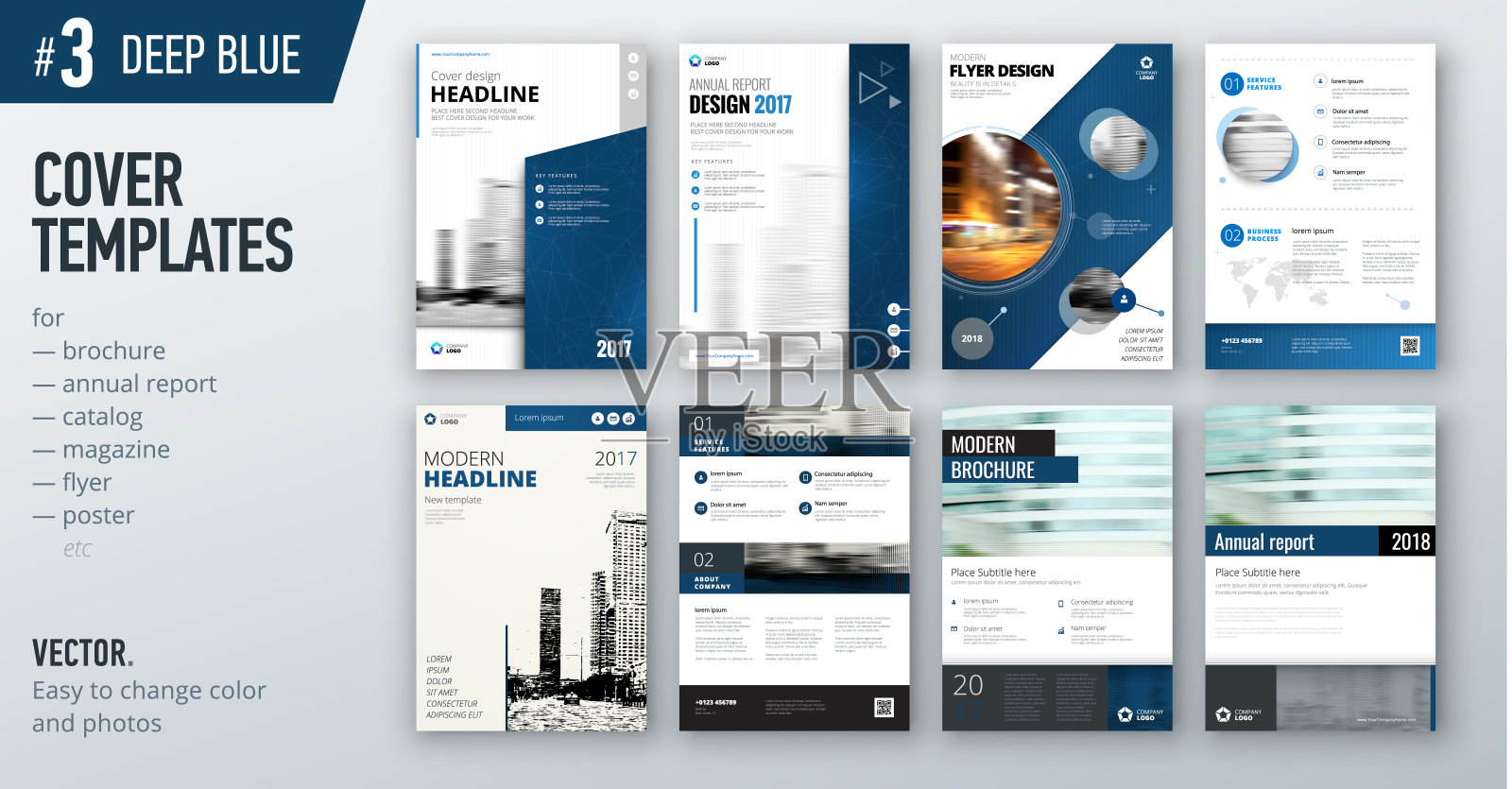一套商业封面设计模板在深蓝色的颜色为小册子，报告，目录，杂志或小册子。创意矢量背景概念设计模板素材