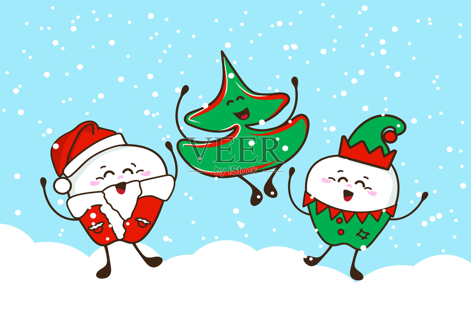 圣诞快乐!一张有奇怪牙齿和圣诞树的海报。插画图片素材