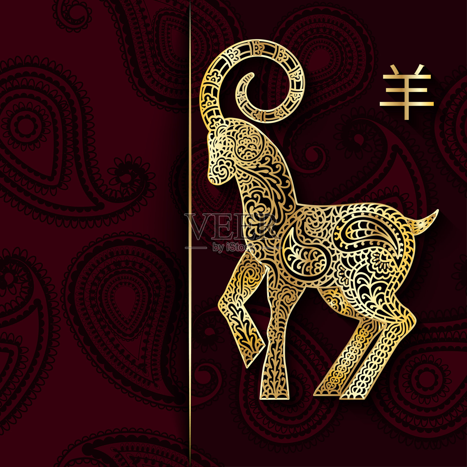 丰富的圣诞背景与金山羊。象形文字在勃艮第背景表示山羊的标志。插画图片素材