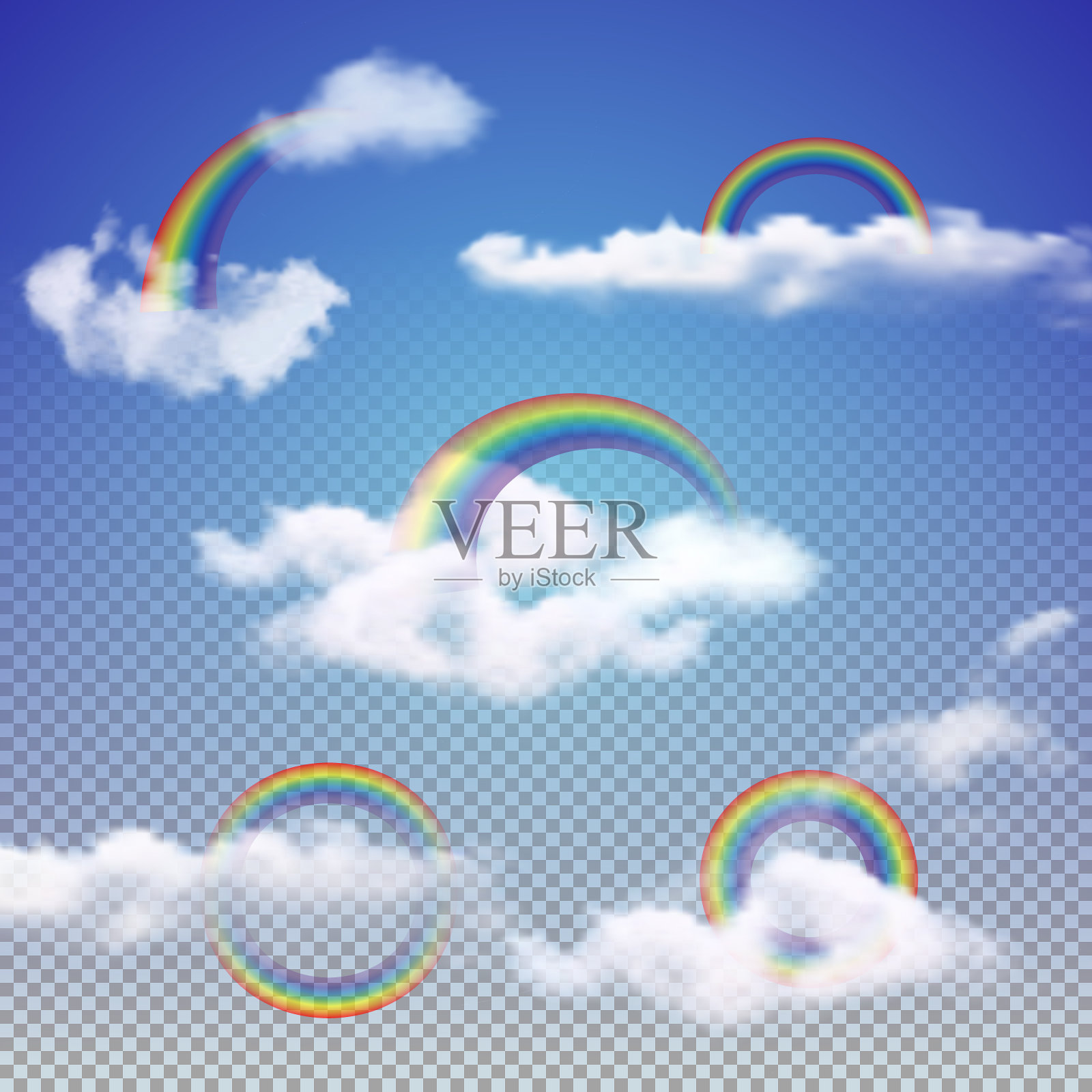 逼真的彩虹设置与3d云。插画图片素材