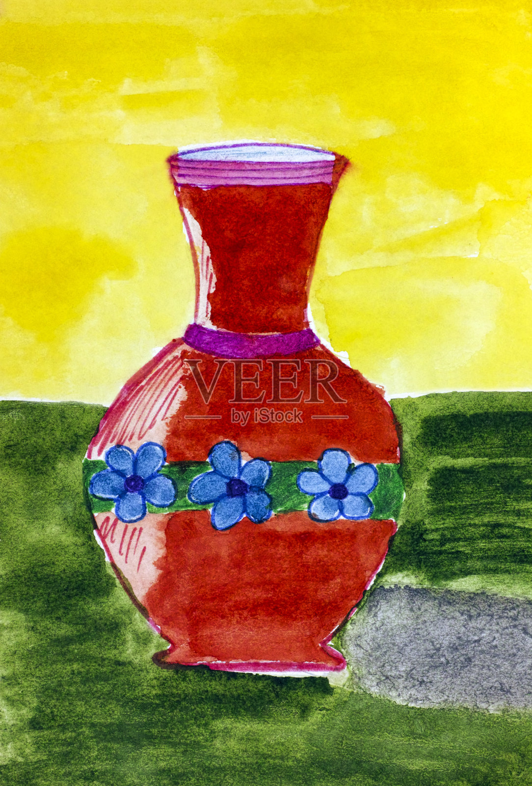 红色花瓶，带花装饰。儿童水彩手绘。插画图片素材