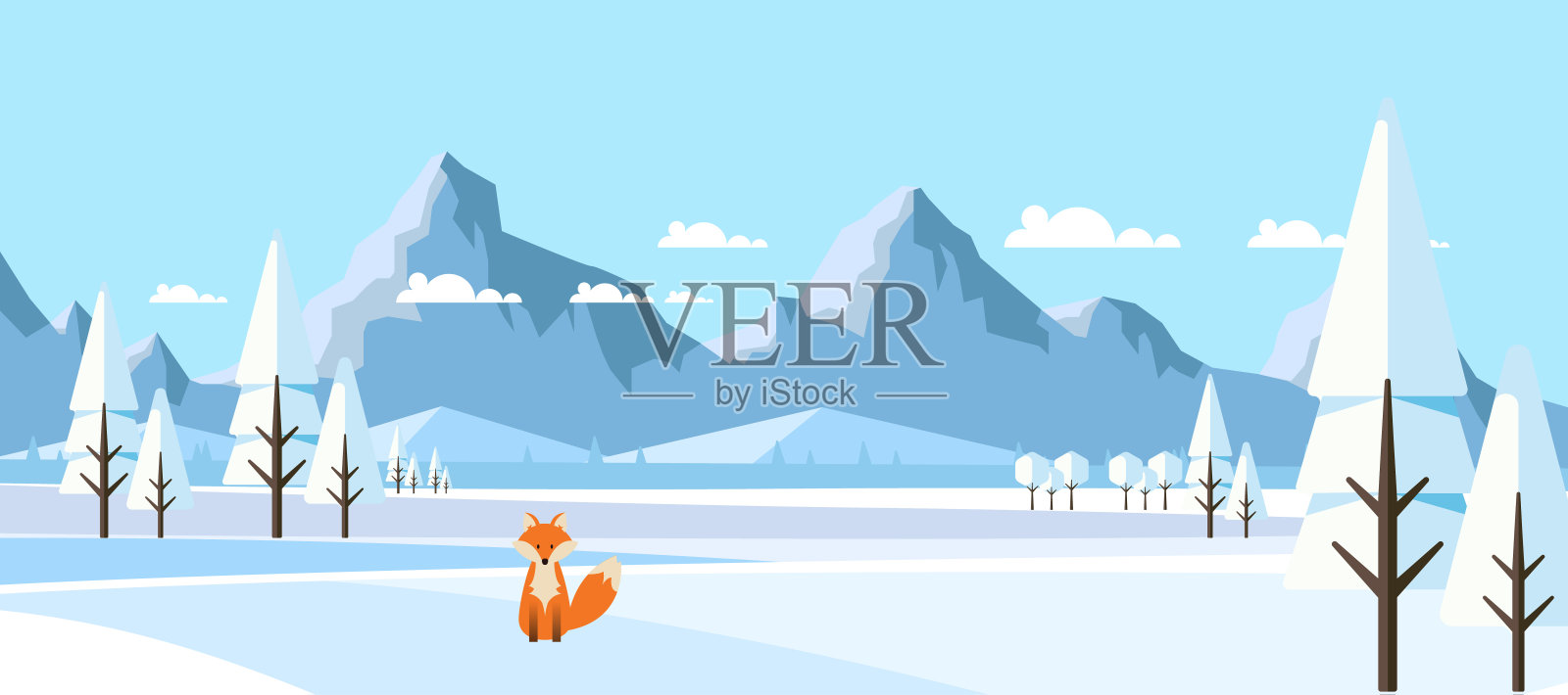 冬季景观与狐狸在平面风格插图插画图片素材