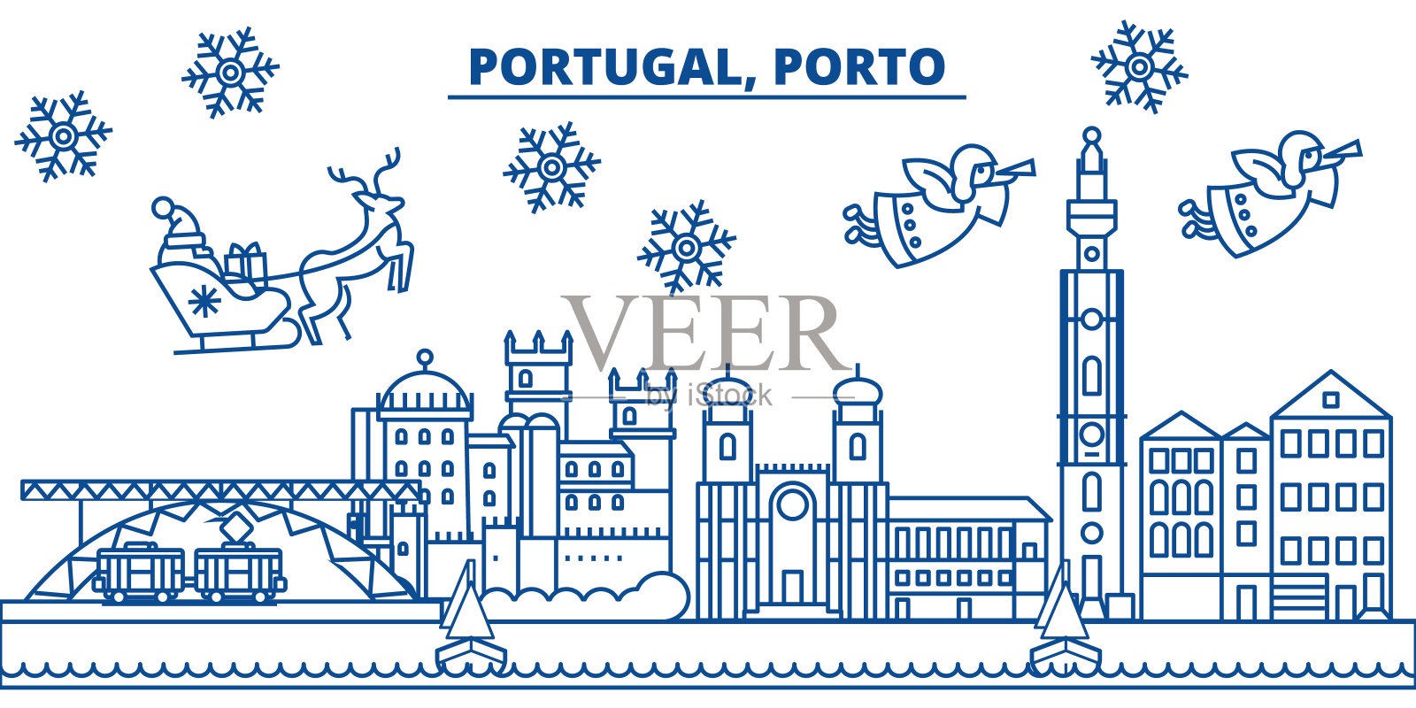 葡萄牙，波尔图冬季城市的天际线。圣诞快乐，新年快乐横幅上装饰着圣诞老人。冬季贺卡。平,轮廓向量。线形圣诞雪插画插画图片素材