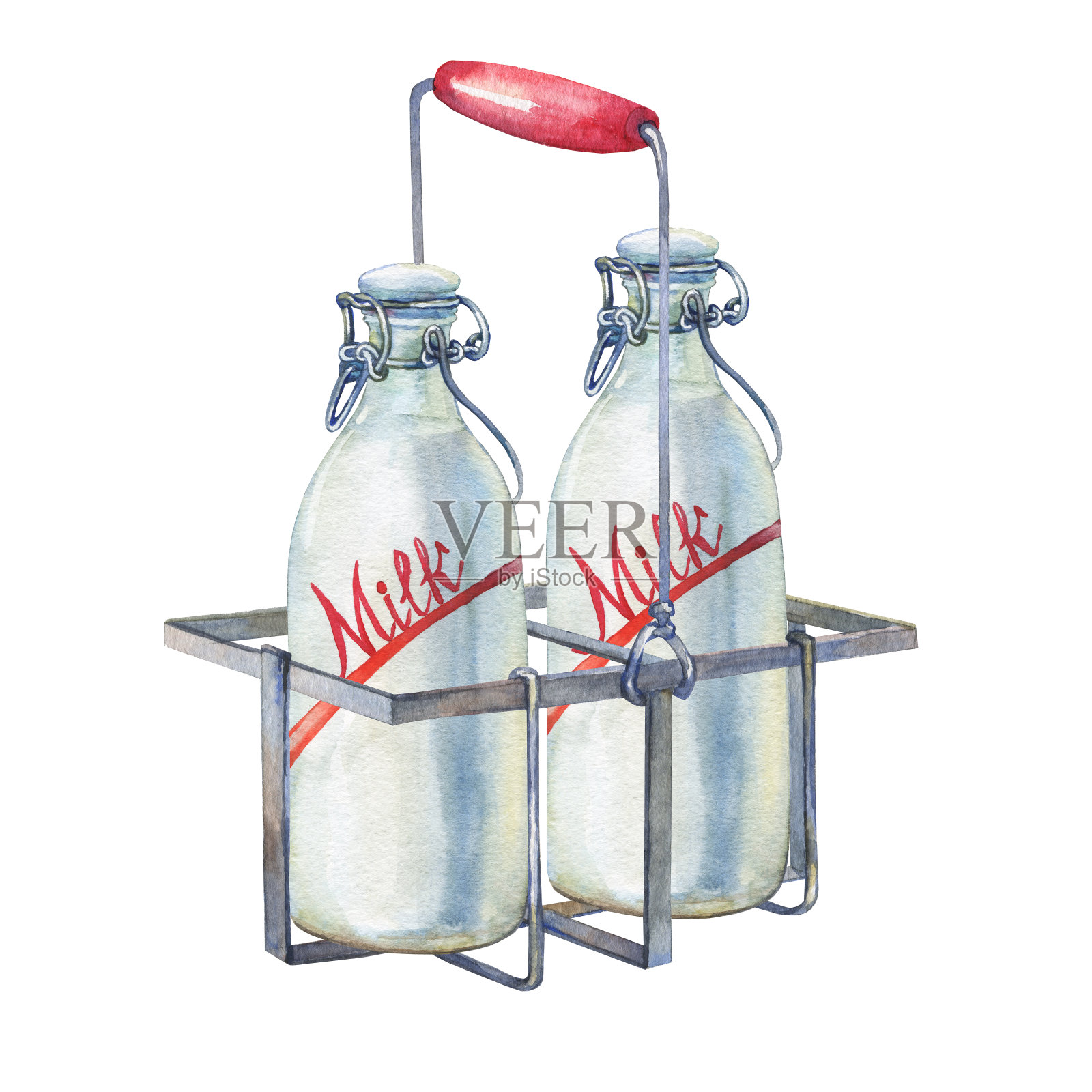 复古的农家厨房金属支架与牛奶瓶。手绘水彩画在白色的背景。插画图片素材